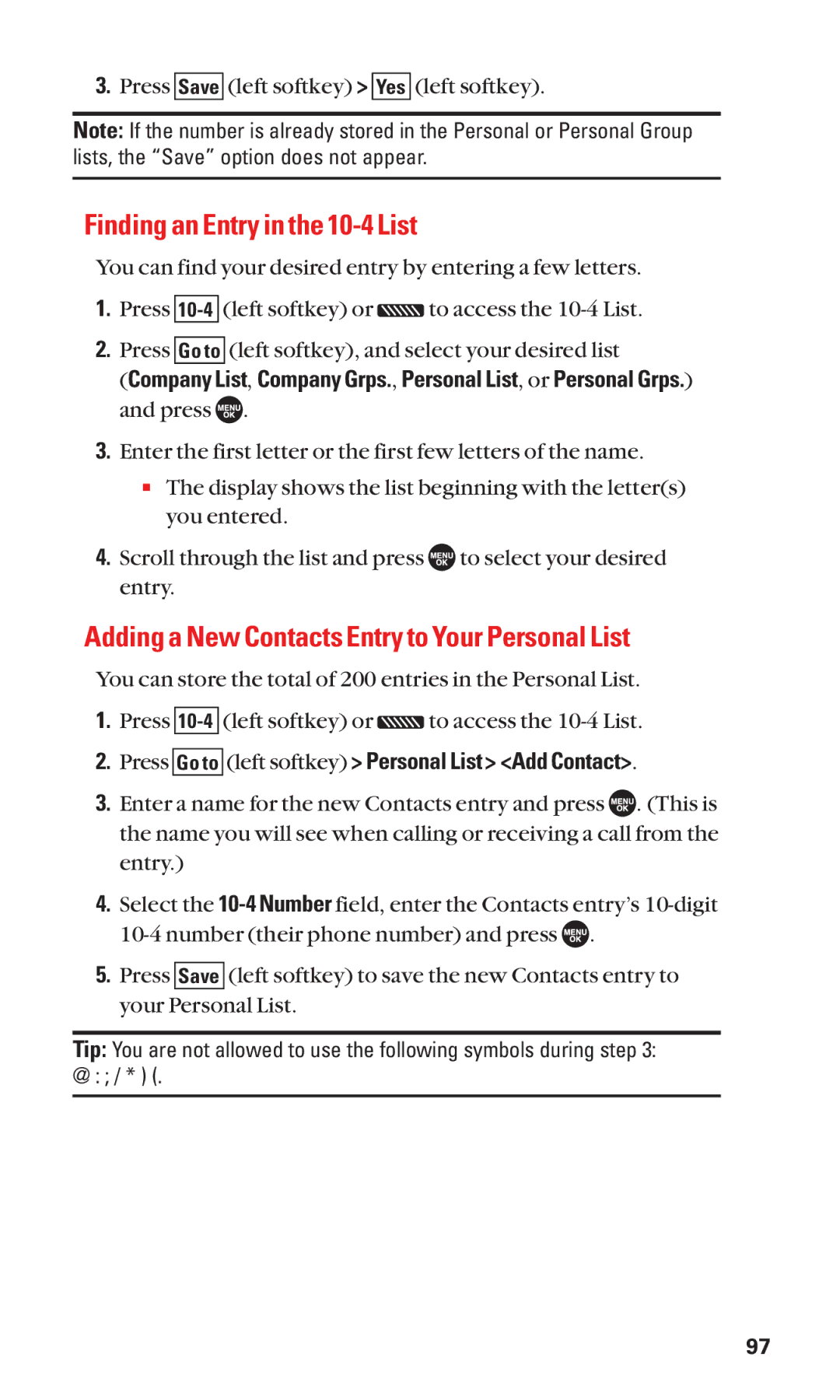 Sanyo SCP-7050 manual Finding an Entry in the 10-4 List, Adding a New Contacts Entry to Your Personal List 