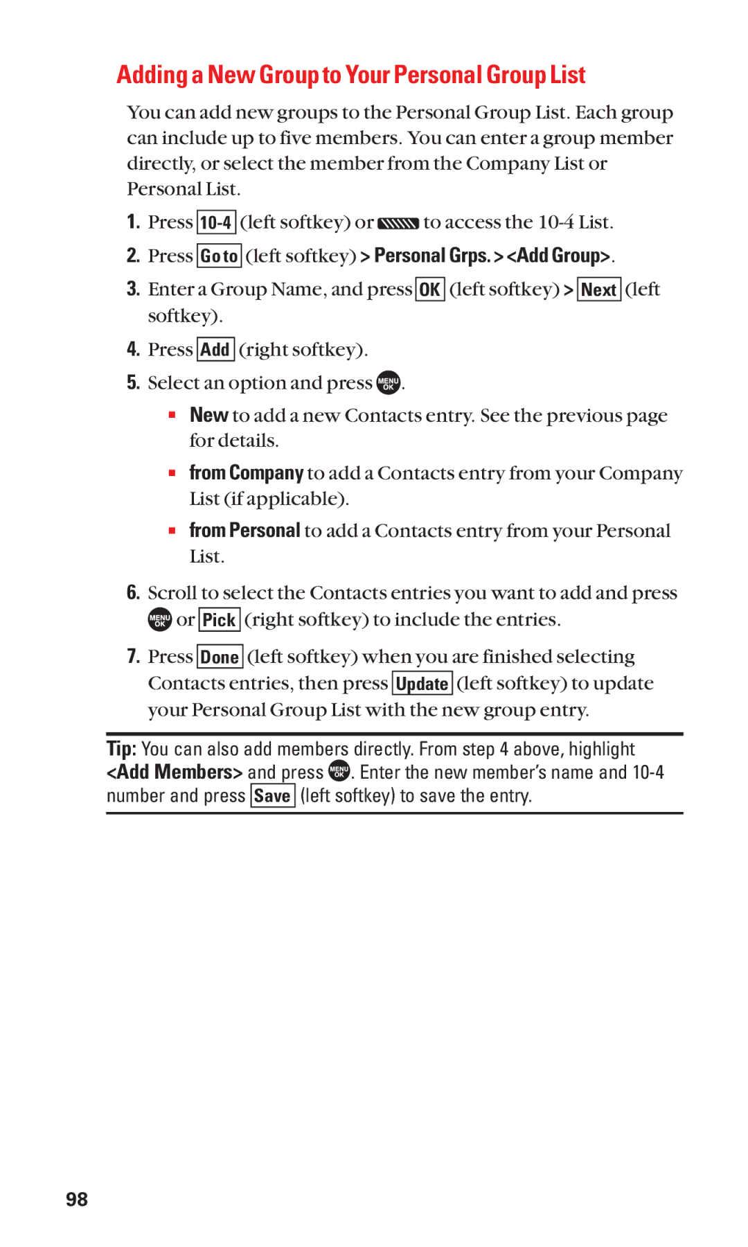 Sanyo SCP-7050 manual Adding a New Group to Your Personal Group List, Press Go to left softkey Personal Grps. Add Group 