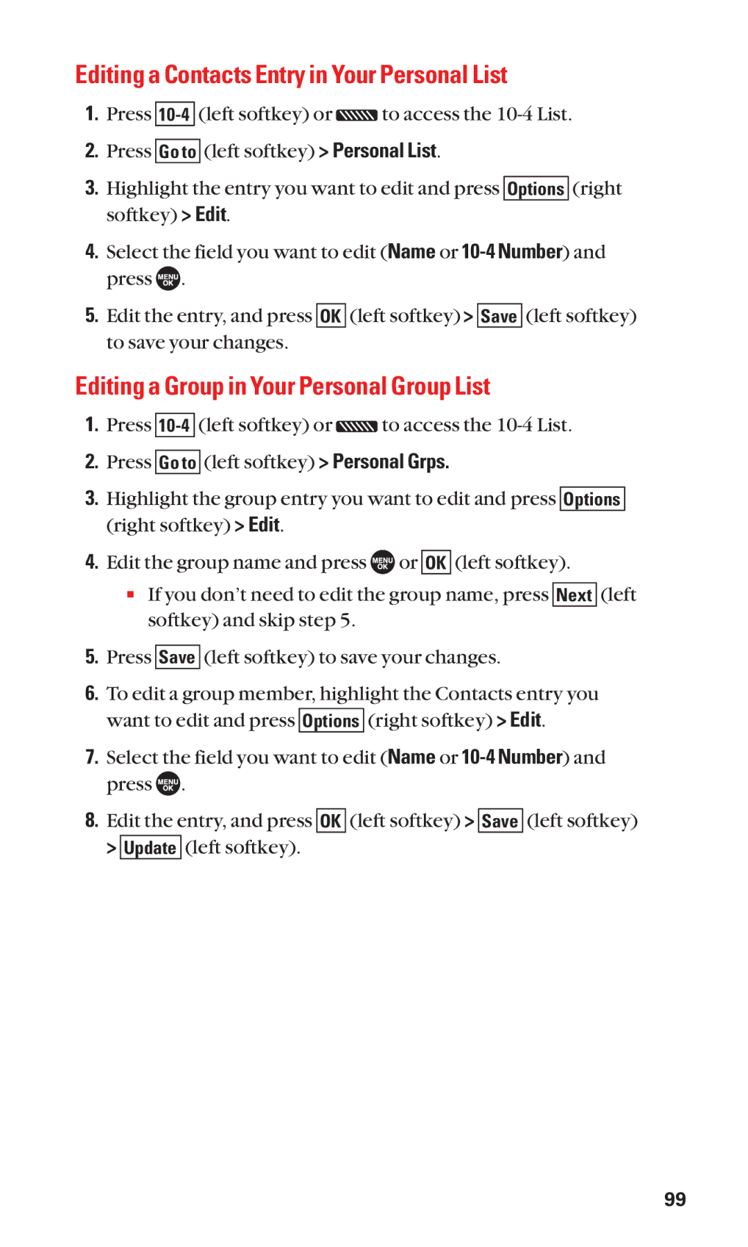 Sanyo SCP-7050 manual Editing a Contacts Entry in Your Personal List, Editing a Group in Your Personal Group List 