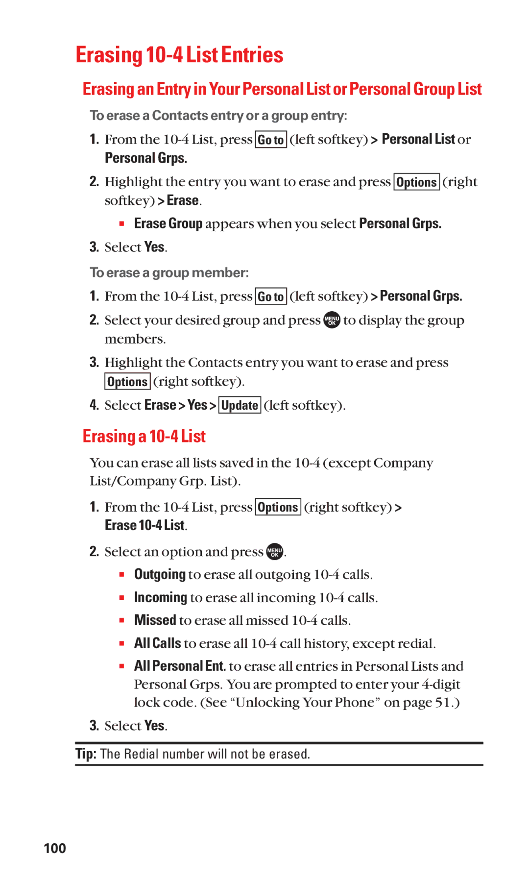 Sanyo SCP-7050 manual Erasing 10-4 List Entries, Erasing a 10-4 List, Personal Grps 