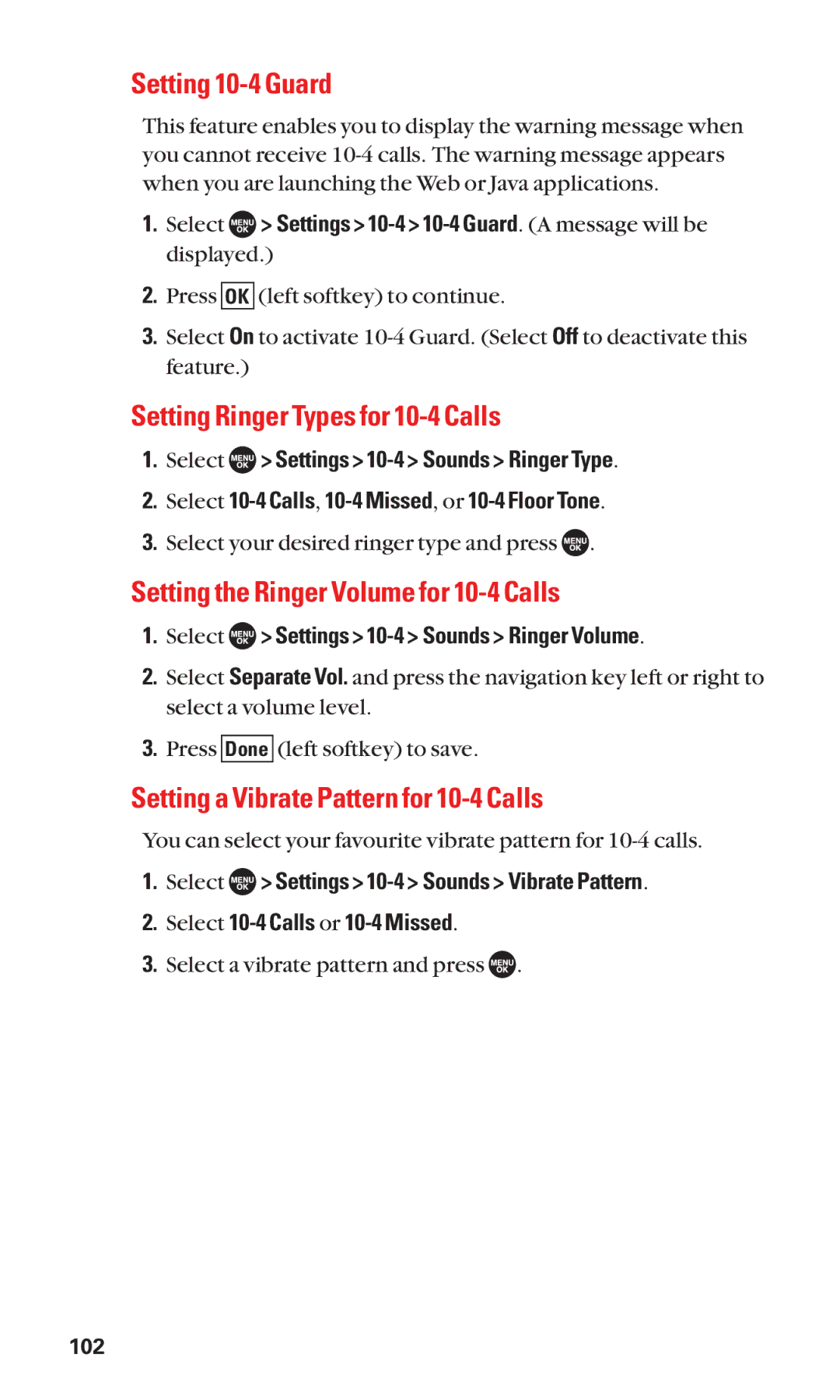 Sanyo SCP-7050 manual Setting 10-4 Guard, Setting Ringer Types for 10-4 Calls, Setting the Ringer Volume for 10-4 Calls 