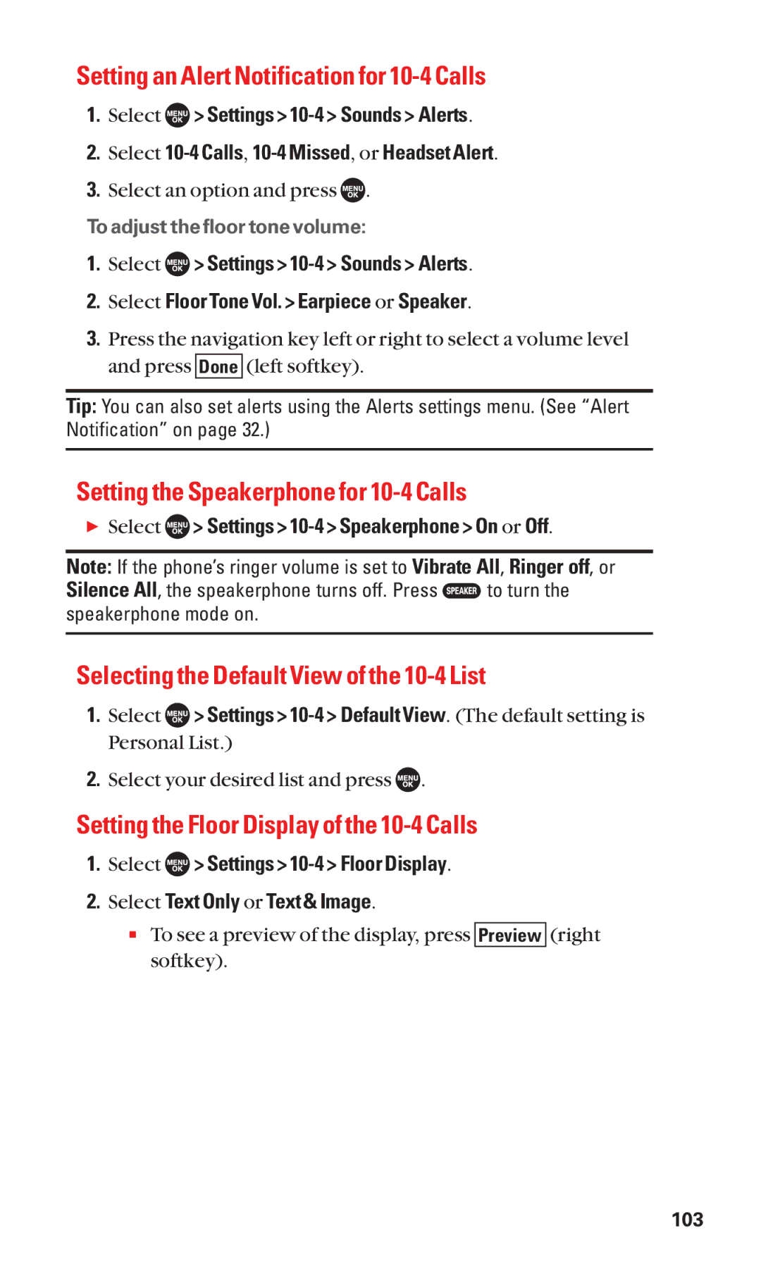 Sanyo SCP-7050 manual Setting an Alert Notification for 10-4 Calls, Setting the Speakerphone for 10-4 Calls 