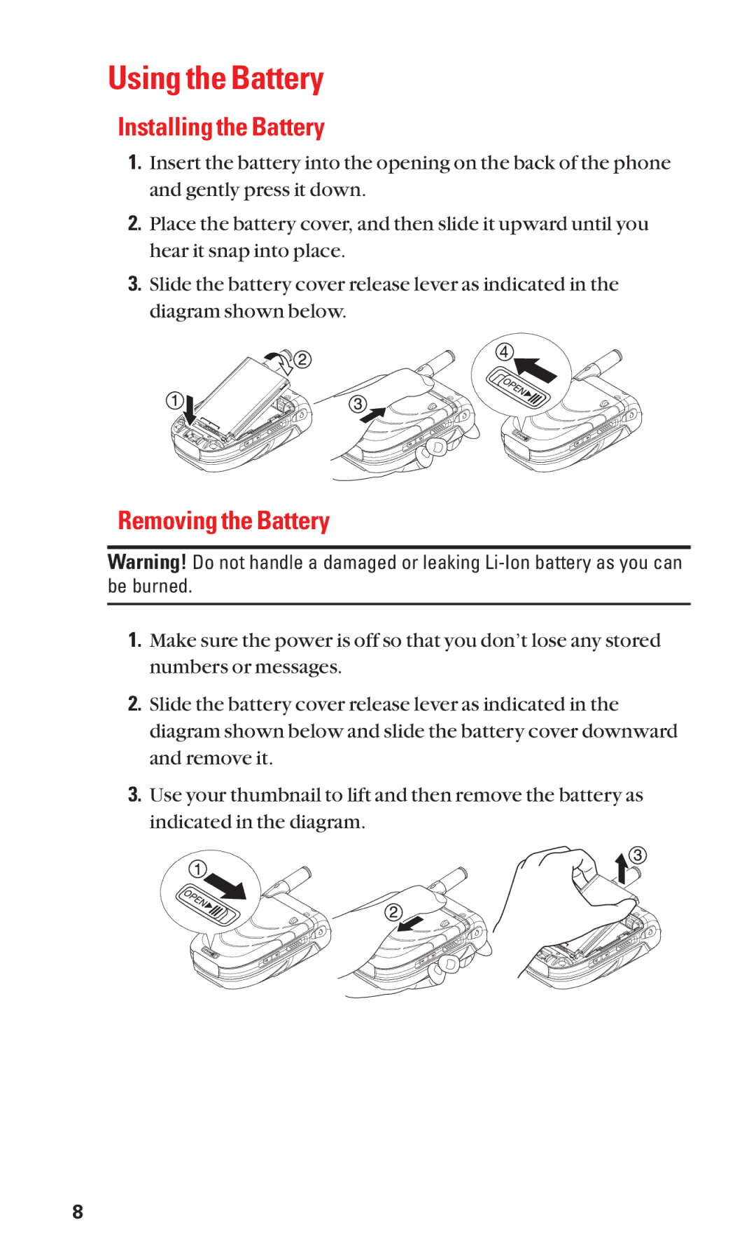 Sanyo SCP-7050 manual Using the Battery, Installing the Battery, Removing the Battery 