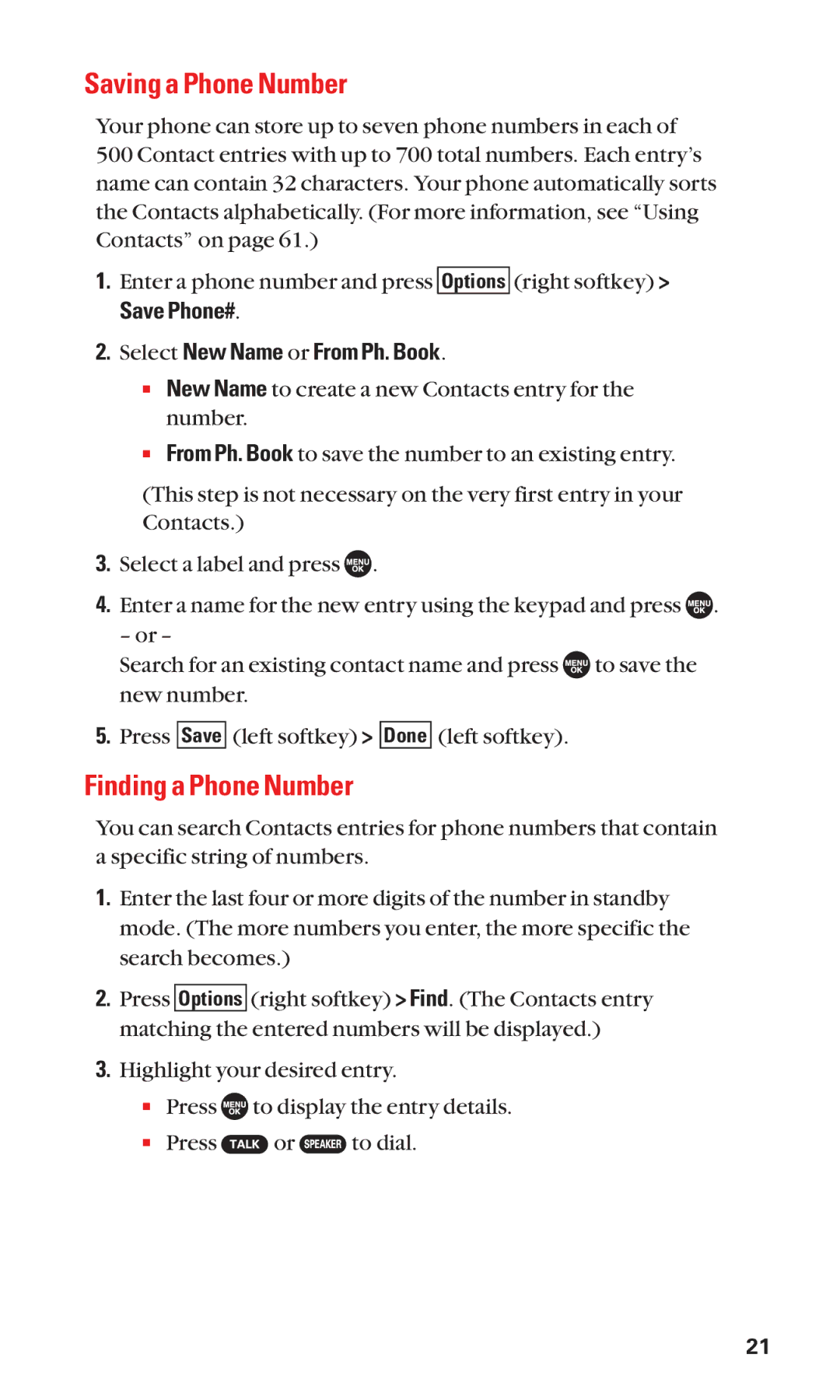 Sanyo SCP-7050 manual Saving a Phone Number, Finding a Phone Number, Select New Name or From Ph. Book 