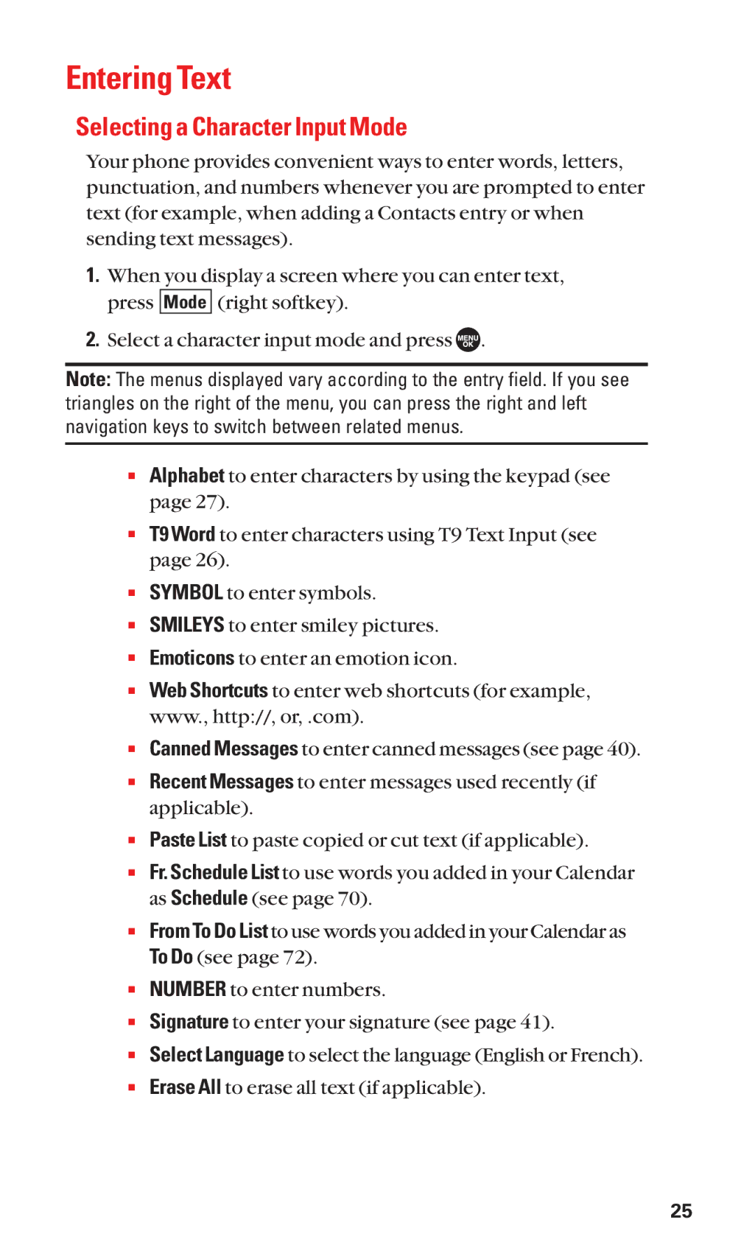 Sanyo SCP-7050 manual Entering Text, Selecting a Character Input Mode 