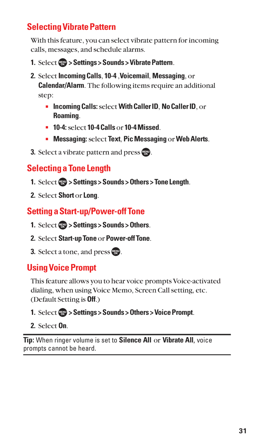 Sanyo SCP-7050 Selecting Vibrate Pattern, Selecting a Tone Length, Setting a Start-up/Power-off Tone, Using Voice Prompt 