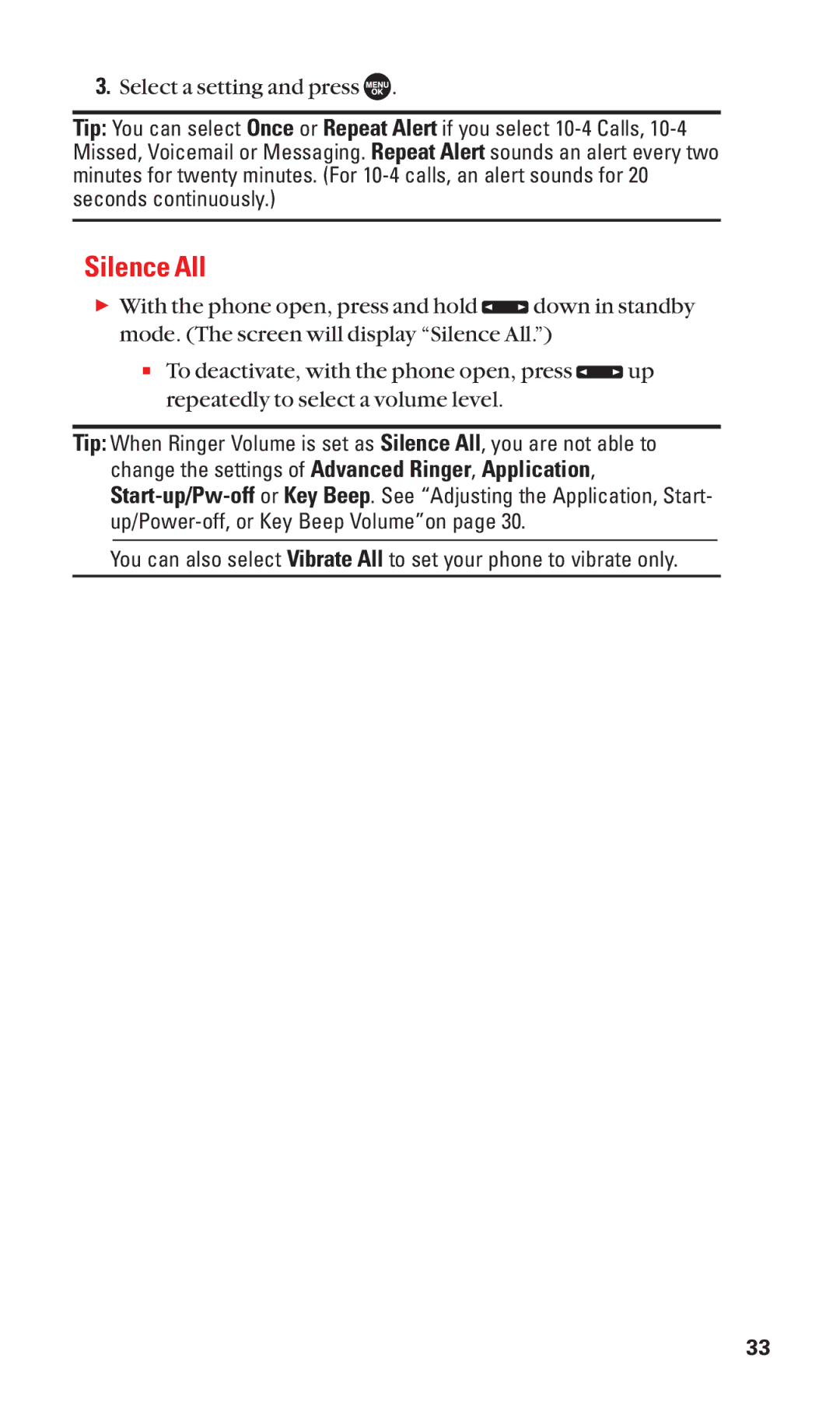 Sanyo SCP-7050 manual Silence All, Select a setting and press 