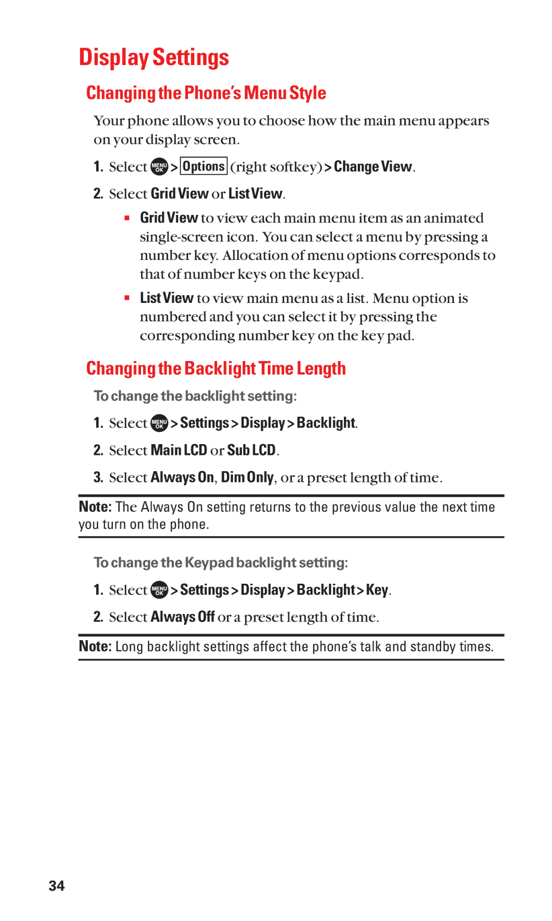 Sanyo SCP-7050 manual Display Settings, Changing the Phone’s Menu Style, Changing the Backlight Time Length, List View 