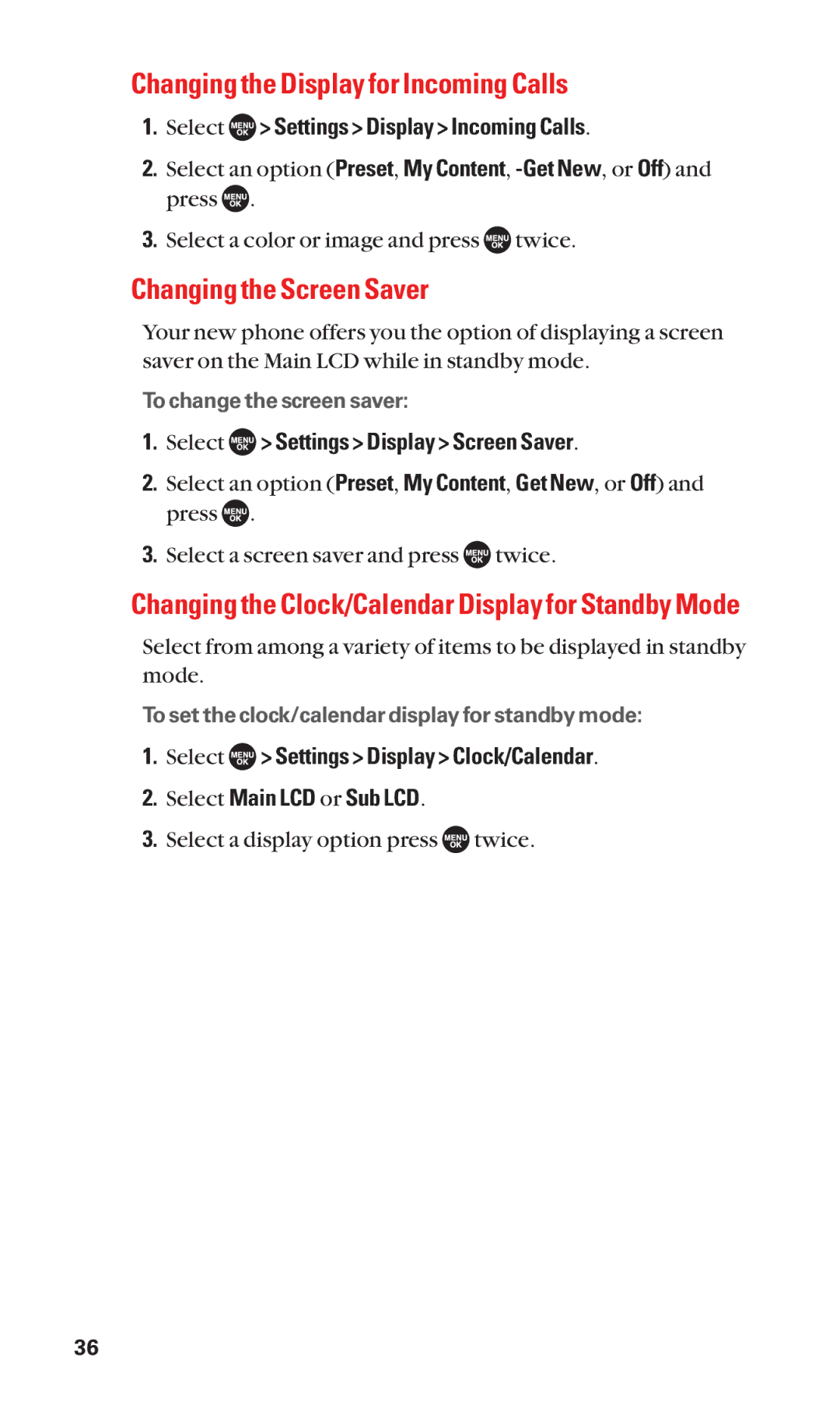 Sanyo SCP-7050 Changing the Display for Incoming Calls, Changing the Screen Saver, Select Settings Display Incoming Calls 