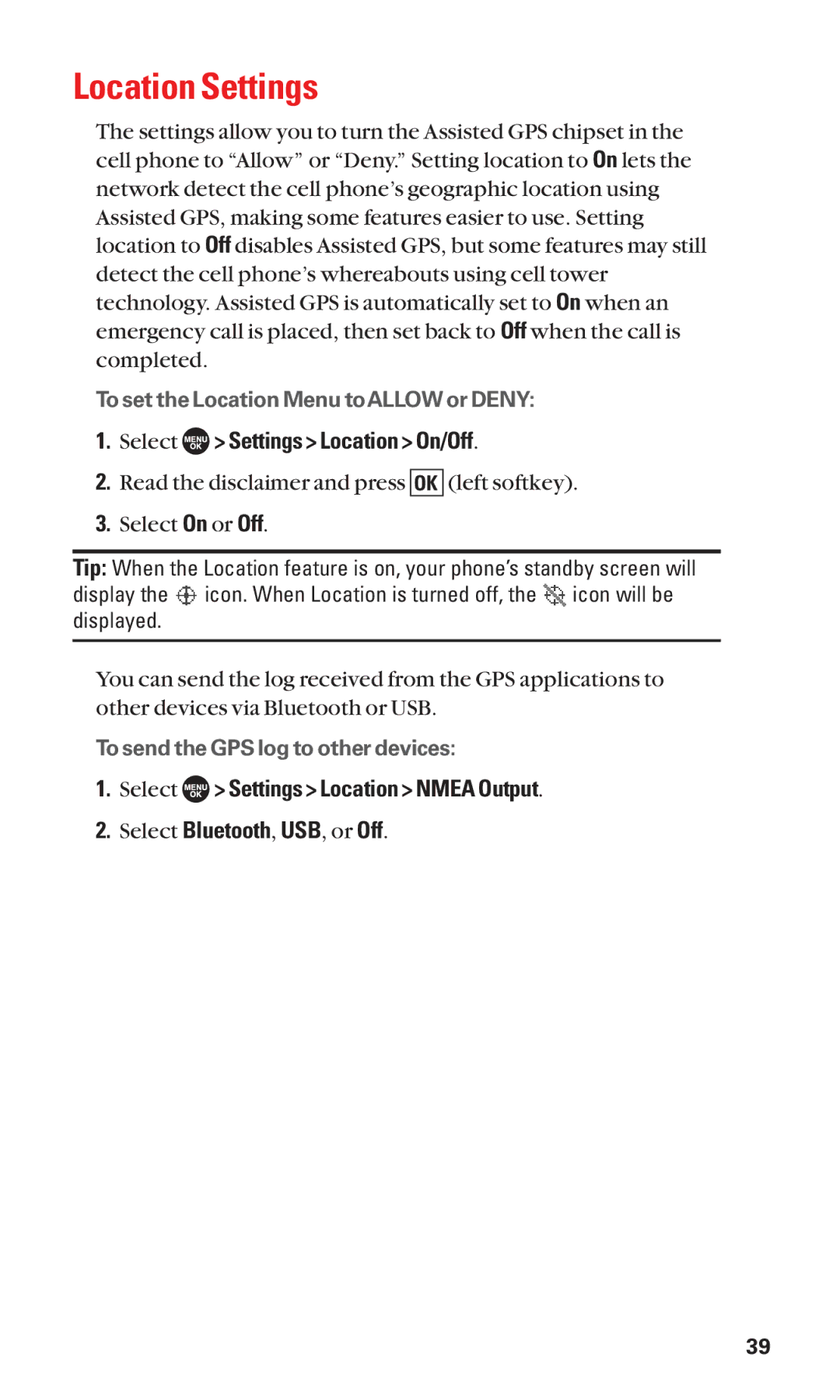 Sanyo SCP-7050 manual Location Settings, Select Settings Location On/Off, Select Settings Location Nmea Output 