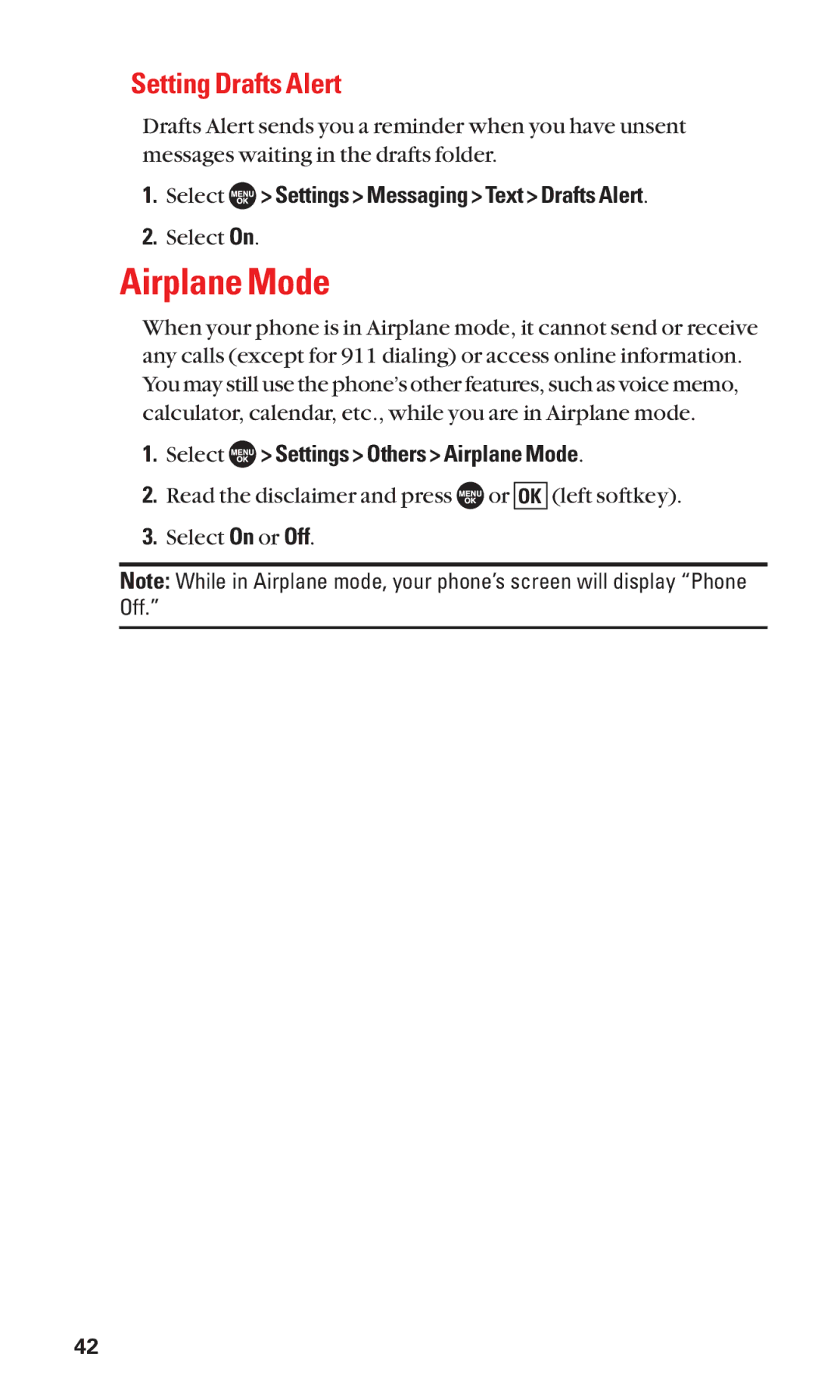 Sanyo SCP-7050 manual Airplane Mode, Setting Drafts Alert, Select Settings Messaging Text Drafts Alert 