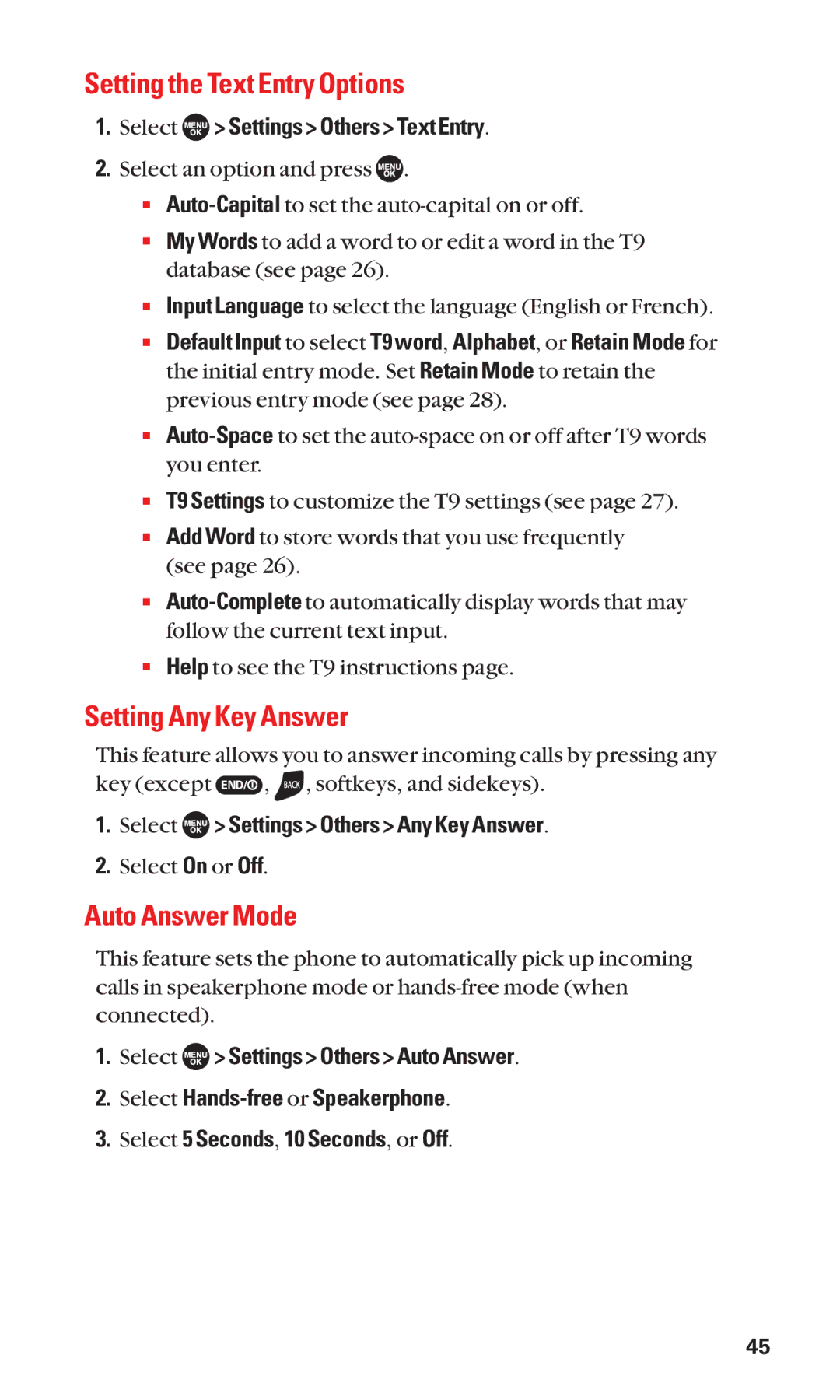 Sanyo SCP-7050 Setting the Text Entry Options, Setting Any Key Answer, Auto Answer Mode, Select Settings Others Text Entry 