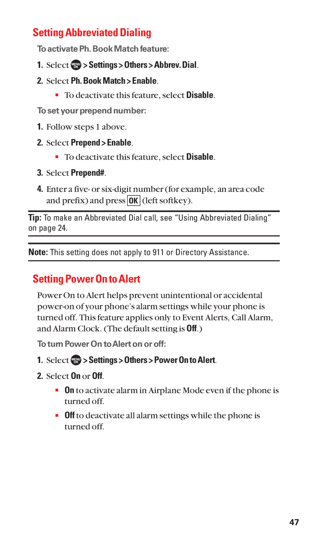 Sanyo SCP-7050 manual Setting Abbreviated Dialing, Setting Power On to Alert, Select Prepend Enable 