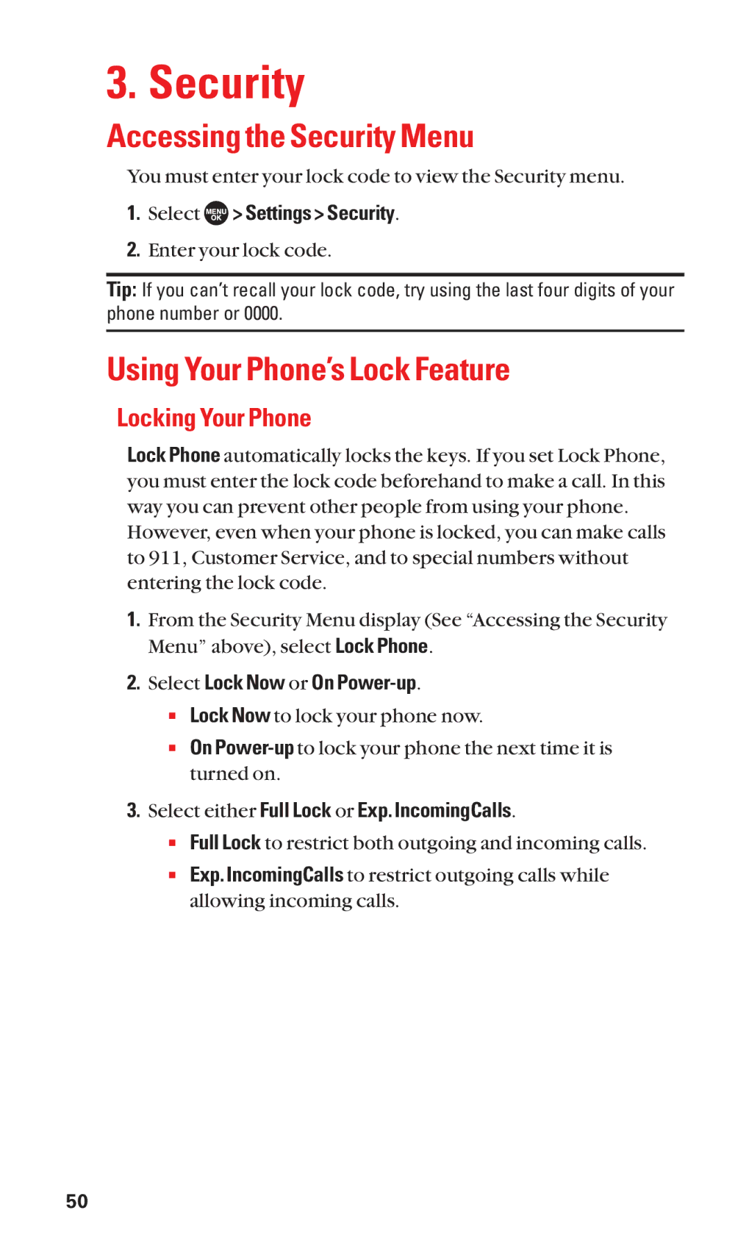 Sanyo SCP-7050 manual Accessing the Security Menu, Using Your Phone’s Lock Feature, Locking Your Phone 