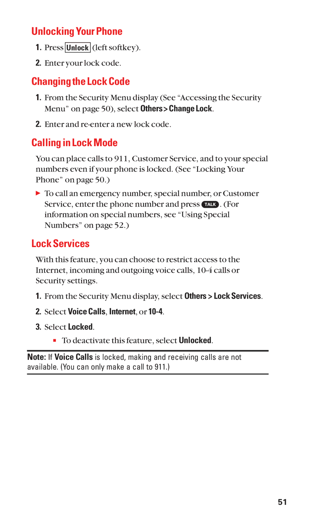 Sanyo SCP-7050 manual Unlocking Your Phone, Changing the Lock Code, Calling in Lock Mode, Lock Services 