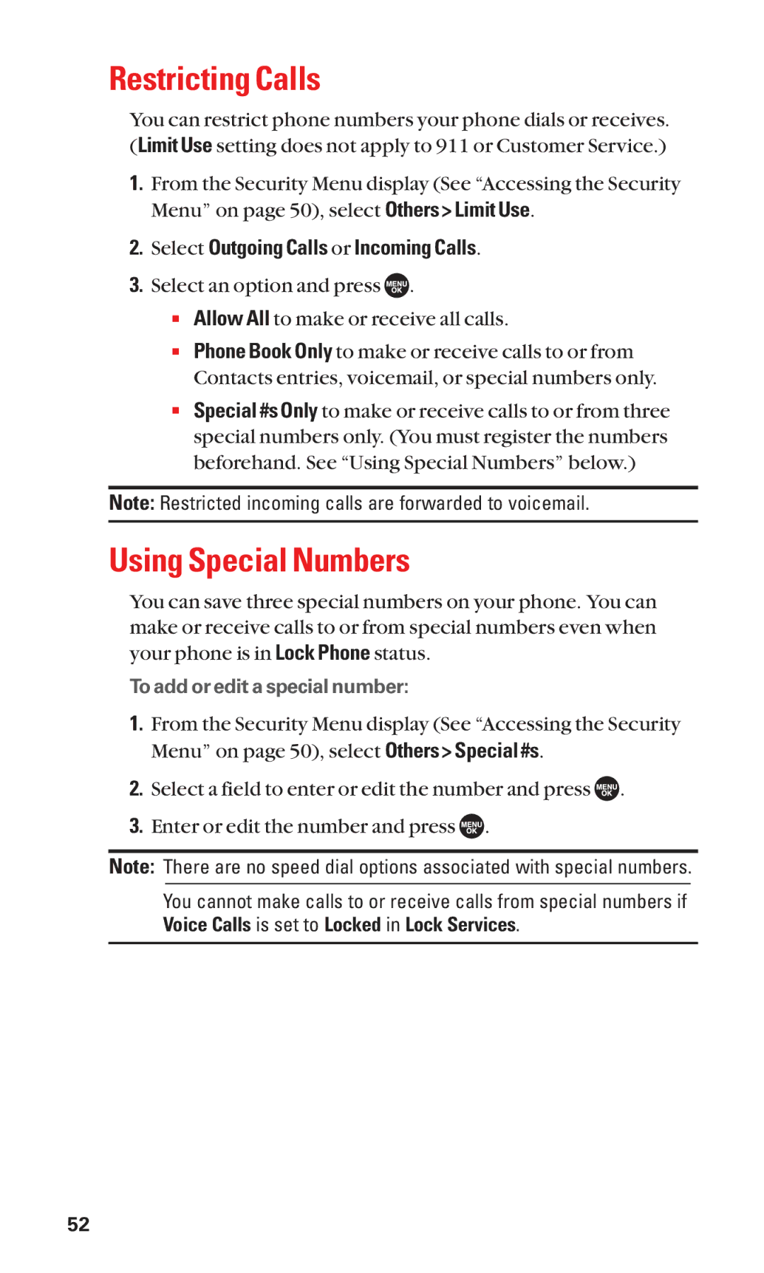 Sanyo SCP-7050 manual Restricting Calls, Using Special Numbers, Select Outgoing Calls or Incoming Calls 