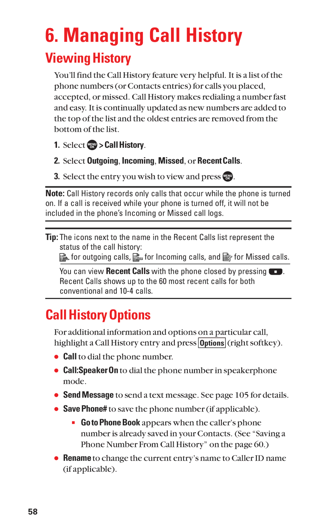 Sanyo SCP-7050 manual Managing Call History, Viewing History, Call History Options 