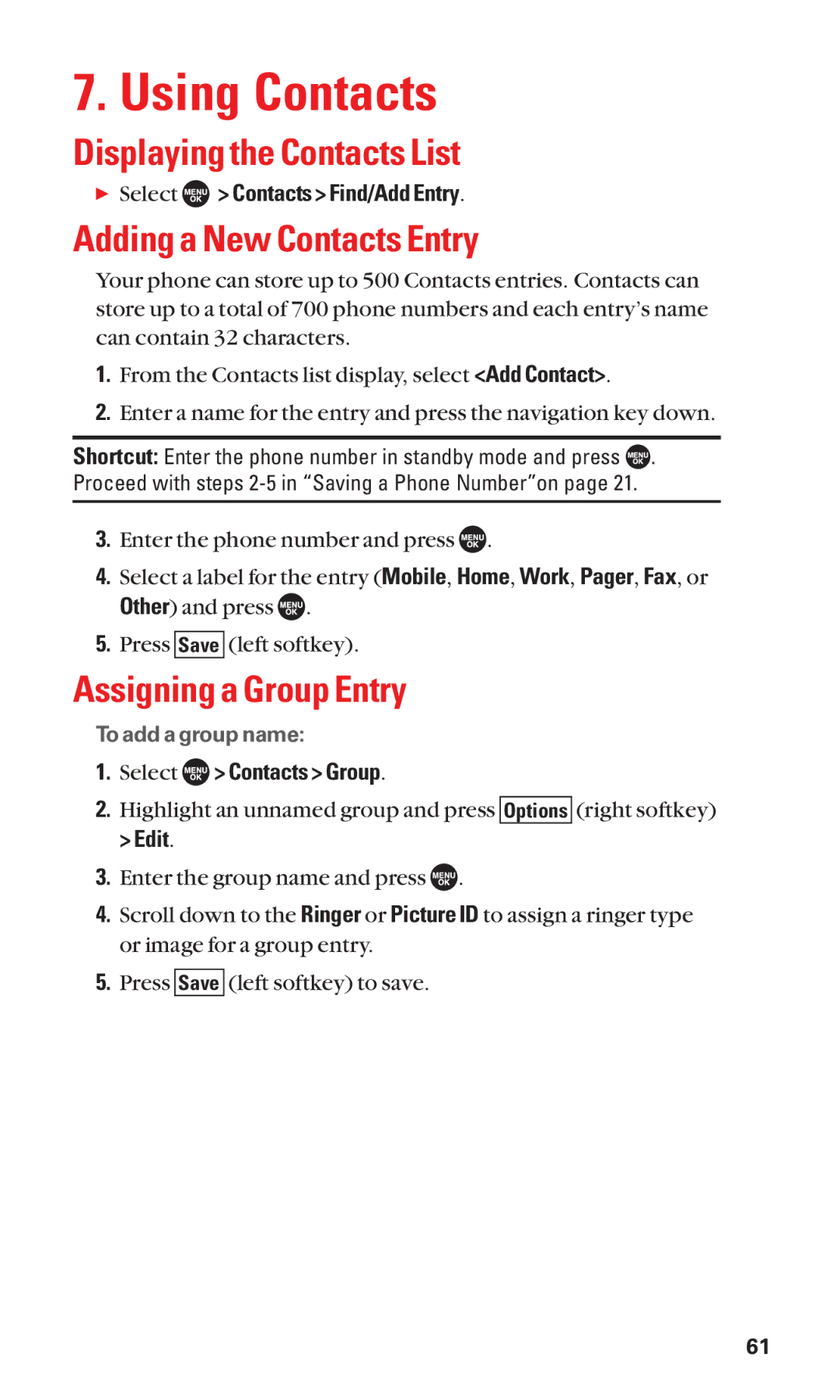 Sanyo SCP-7050 manual Using Contacts, Displaying the Contacts List, Adding a New Contacts Entry, Assigning a Group Entry 