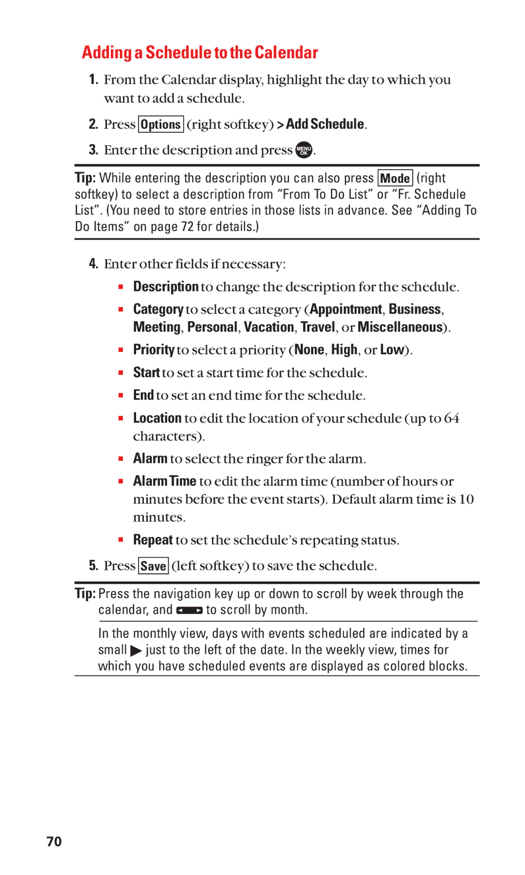 Sanyo SCP-7050 manual Adding a Schedule to the Calendar 