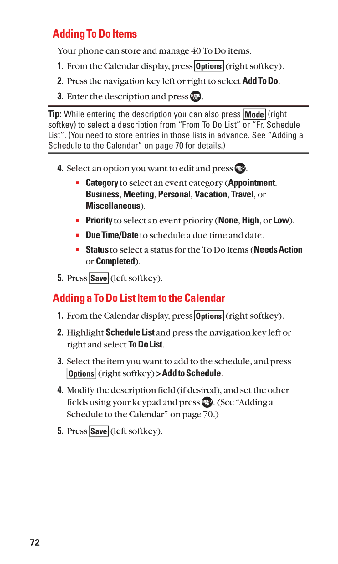 Sanyo SCP-7050 manual Adding To Do Items, Adding a To Do List Item to the Calendar 