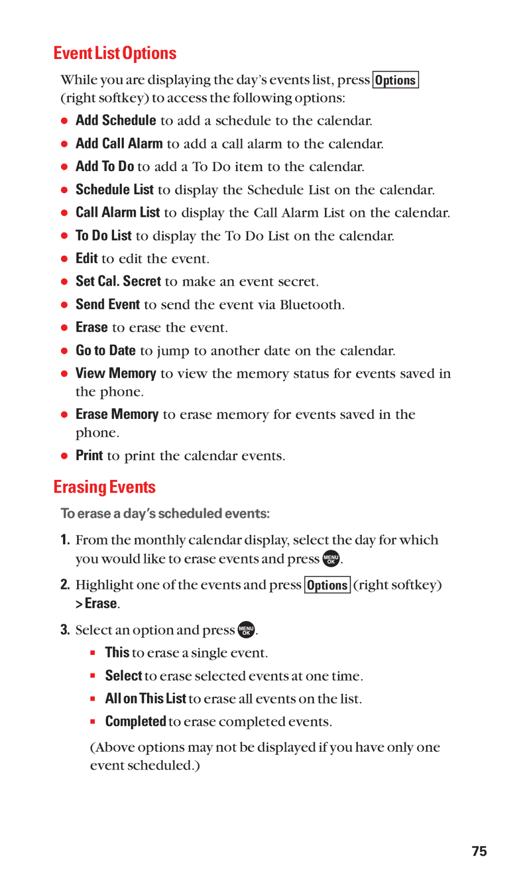 Sanyo SCP-7050 manual Event List Options, Erasing Events, Erase 