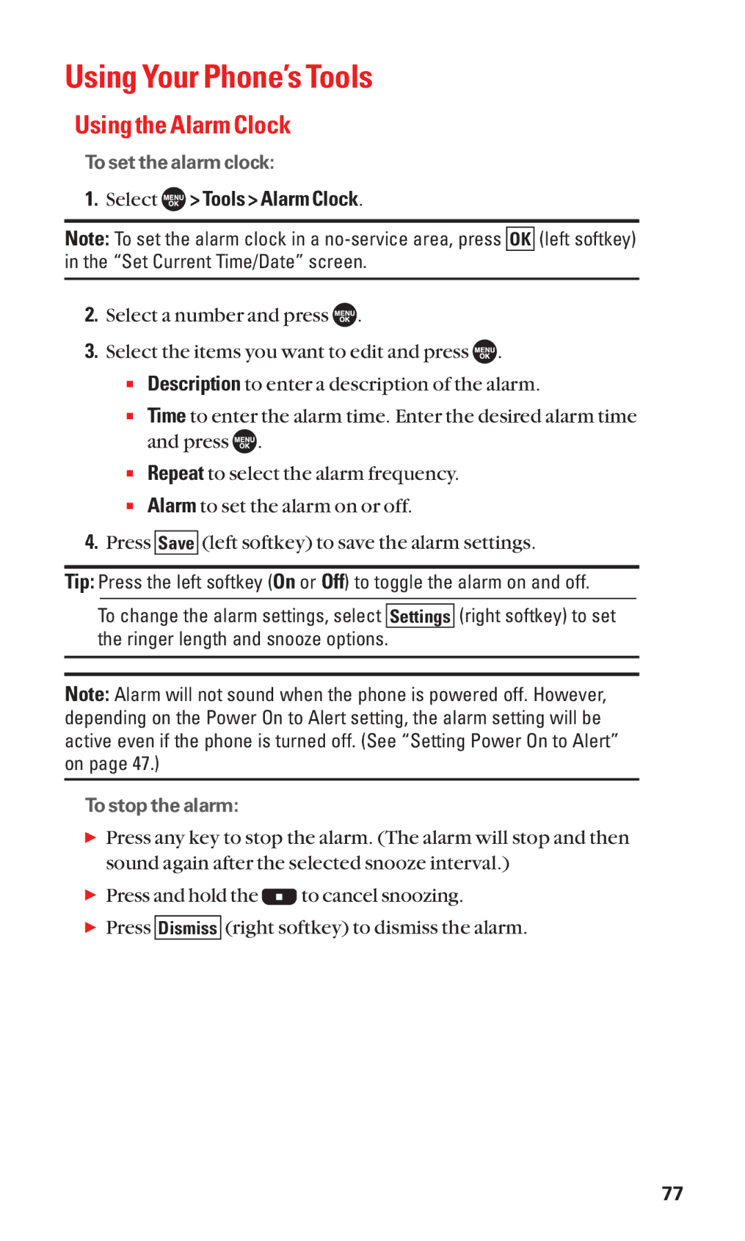 Sanyo SCP-7050 manual Using Your Phone’s Tools, Using the Alarm Clock, Select Tools Alarm Clock 