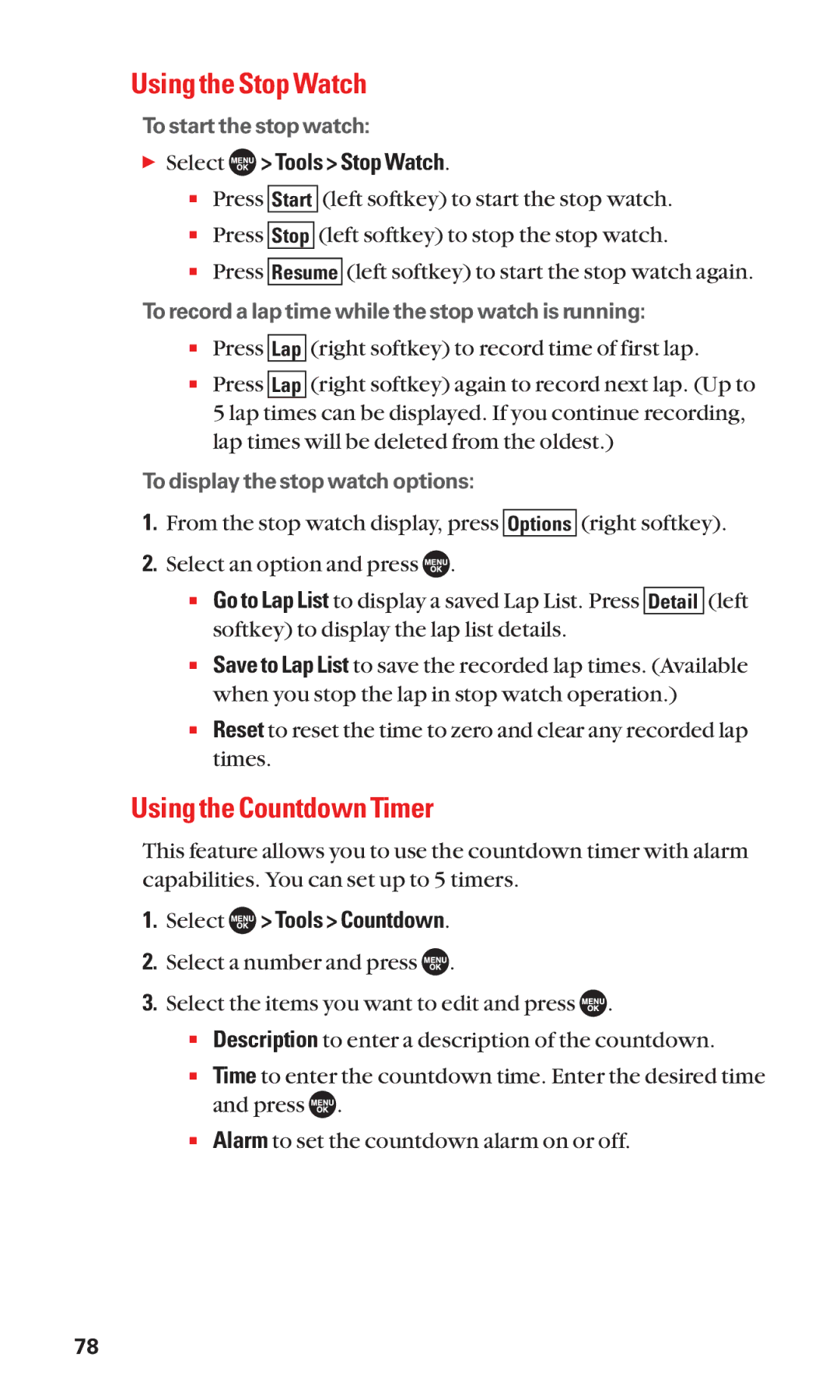 Sanyo SCP-7050 manual Using the Stop Watch, Using the Countdown Timer,  Select Tools Stop Watch, Select Tools Countdown 