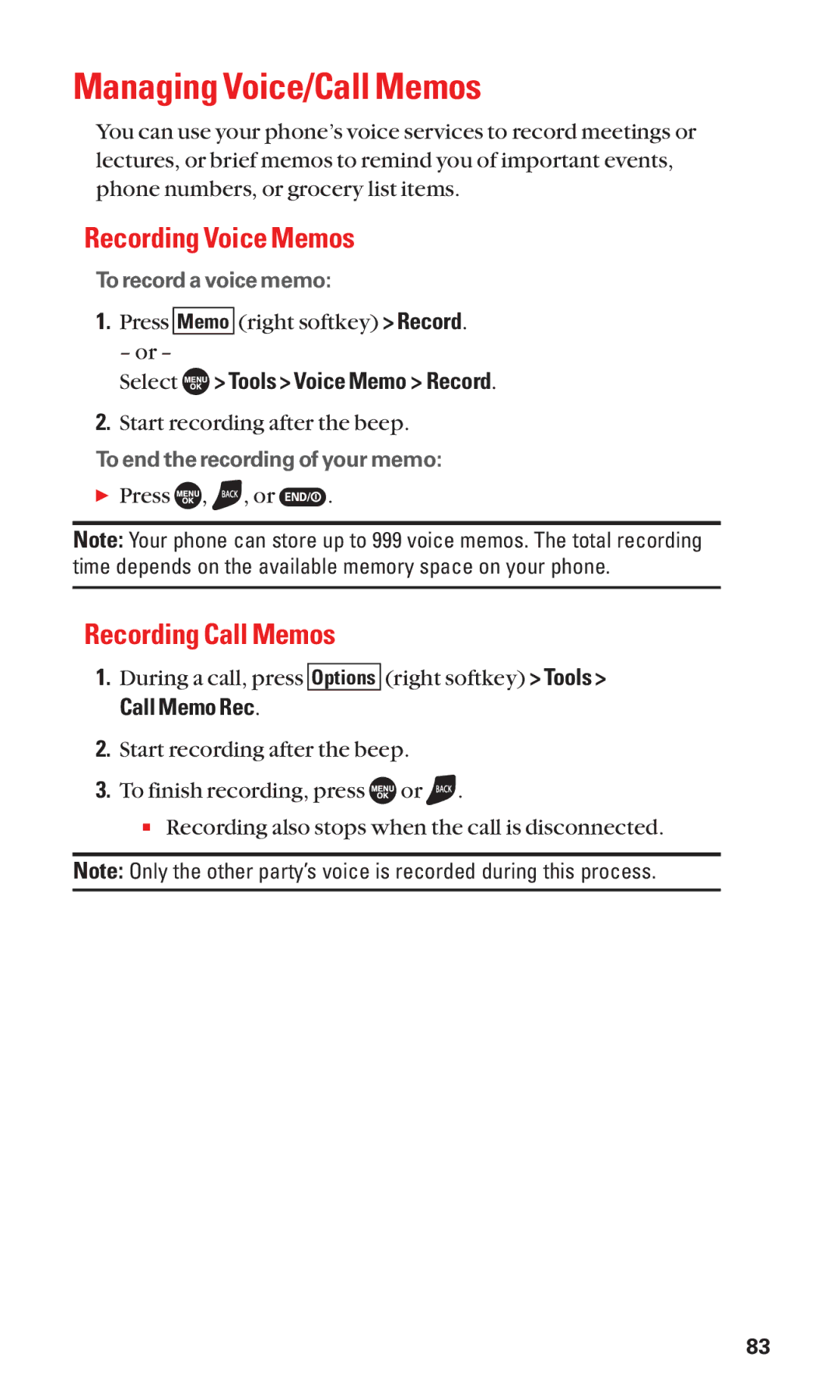 Sanyo SCP-7050 Managing Voice/Call Memos, Recording Voice Memos, Recording Call Memos, Select Tools Voice Memo Record 