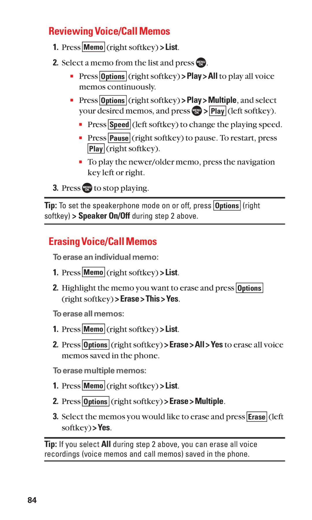 Sanyo SCP-7050 manual Reviewing Voice/Call Memos, Erasing Voice/Call Memos 