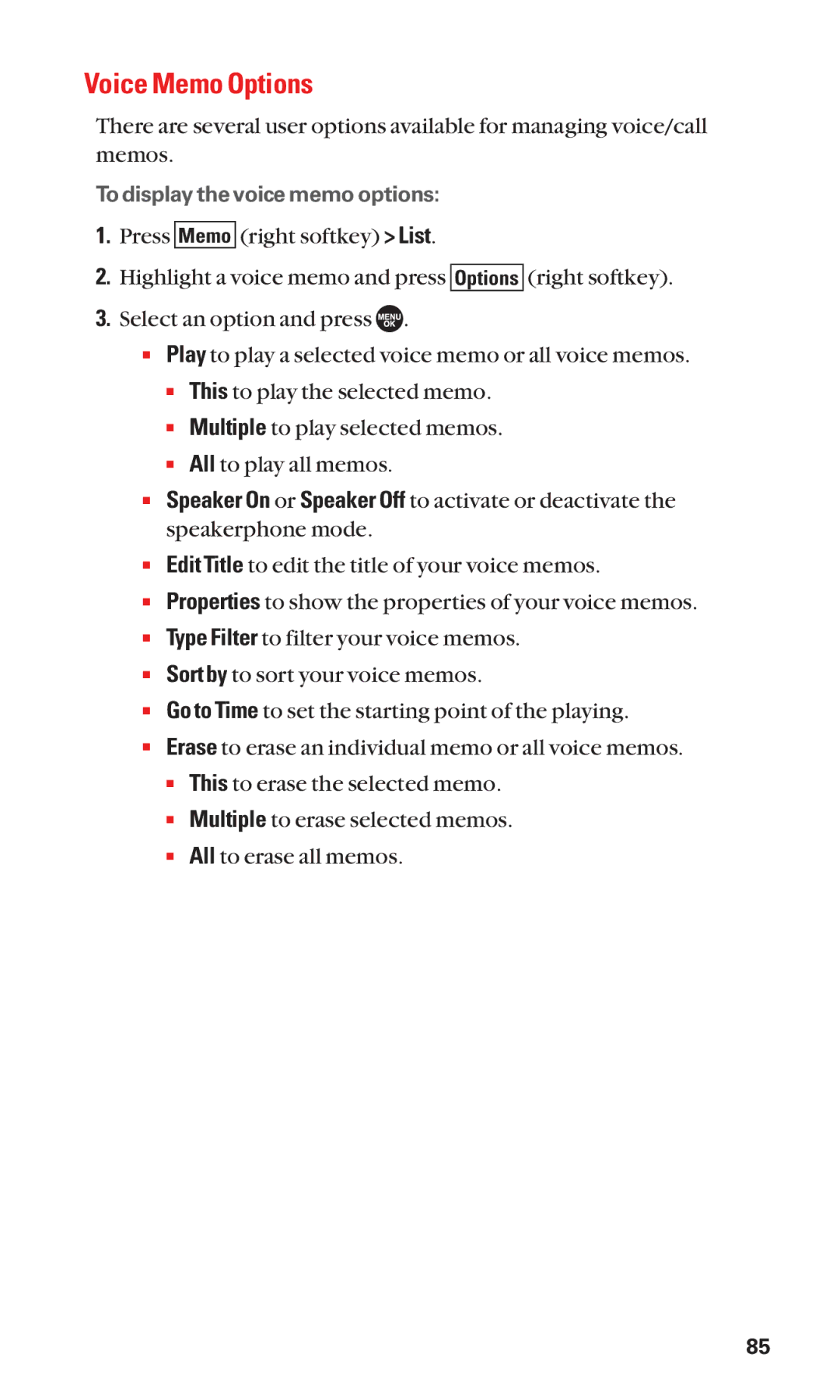 Sanyo SCP-7050 manual Voice Memo Options 