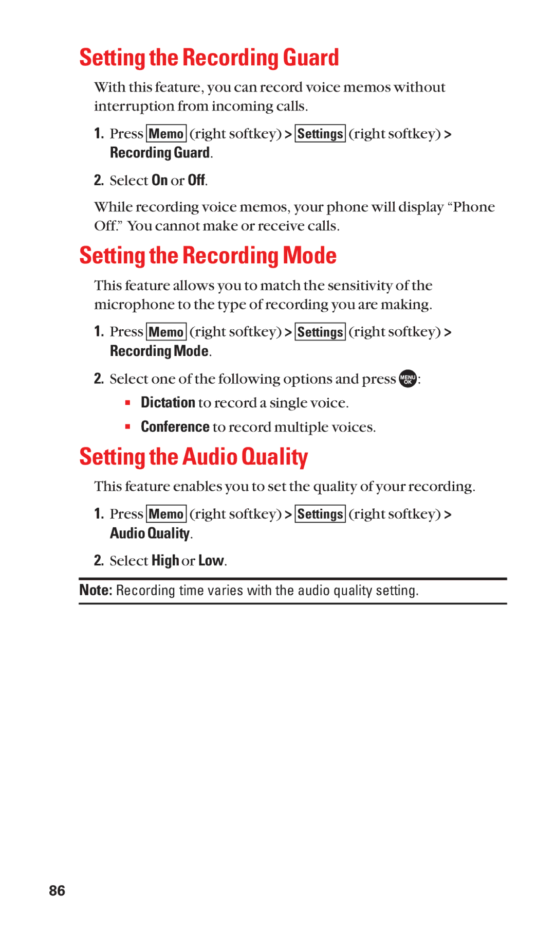 Sanyo SCP-7050 manual Setting the Recording Guard, Setting the Recording Mode, Setting the Audio Quality 