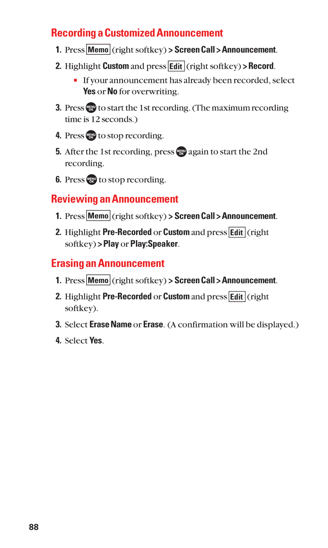 Sanyo SCP-7050 manual Recording a Customized Announcement, Reviewing an Announcement, Erasing an Announcement 