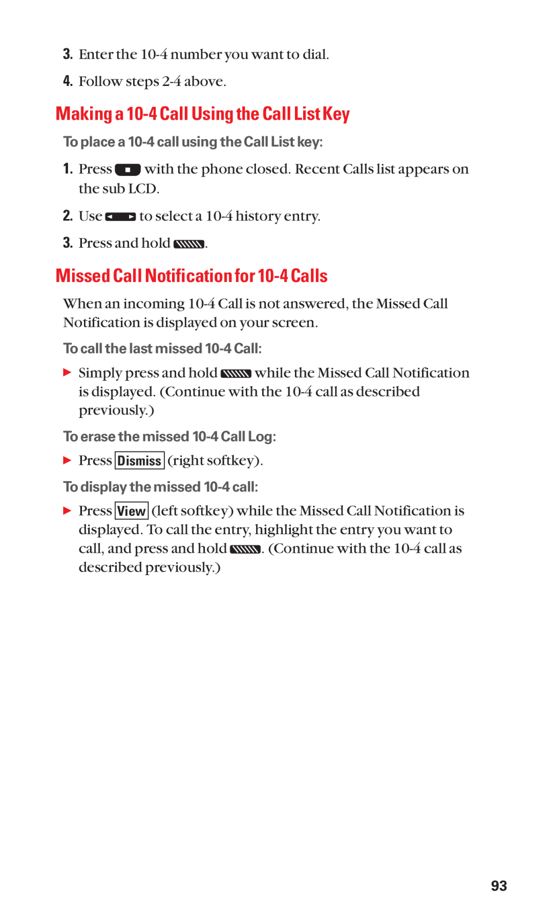Sanyo SCP-7050 manual Making a 10-4 Call Using the Call List Key, Missed Call Notification for 10-4 Calls 