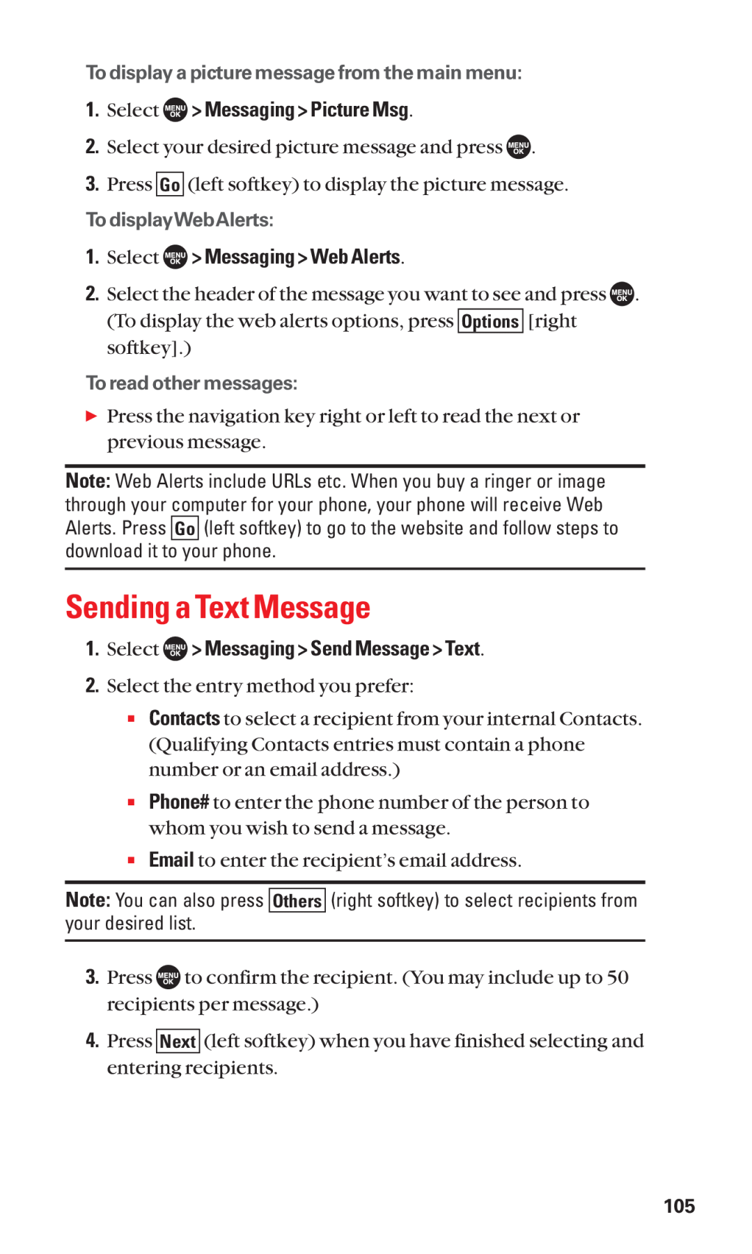 Sanyo SCP-7050 manual Sending a Text Message, Select Messaging Picture Msg, Select Messaging Web Alerts 