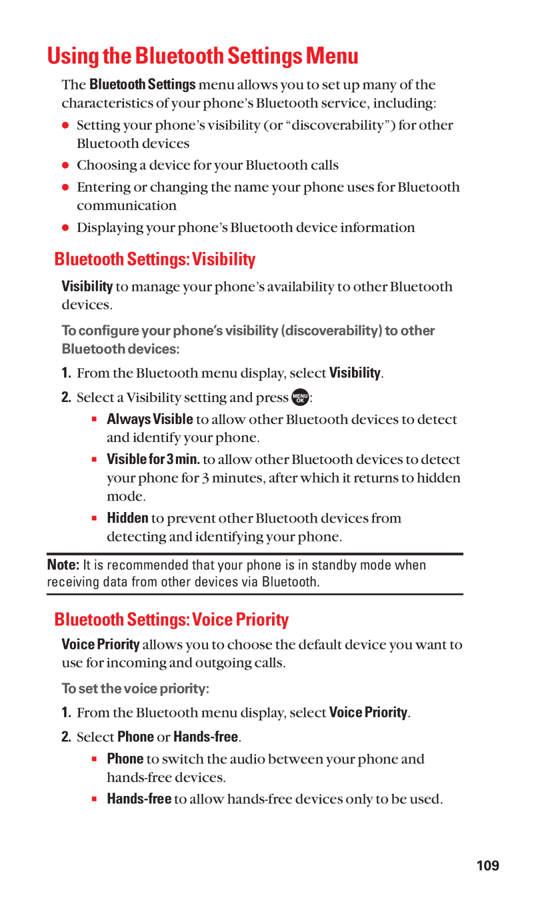 Sanyo SCP-7050 manual Using the Bluetooth Settings Menu, Bluetooth Settings Visibility, Bluetooth Settings Voice Priority 