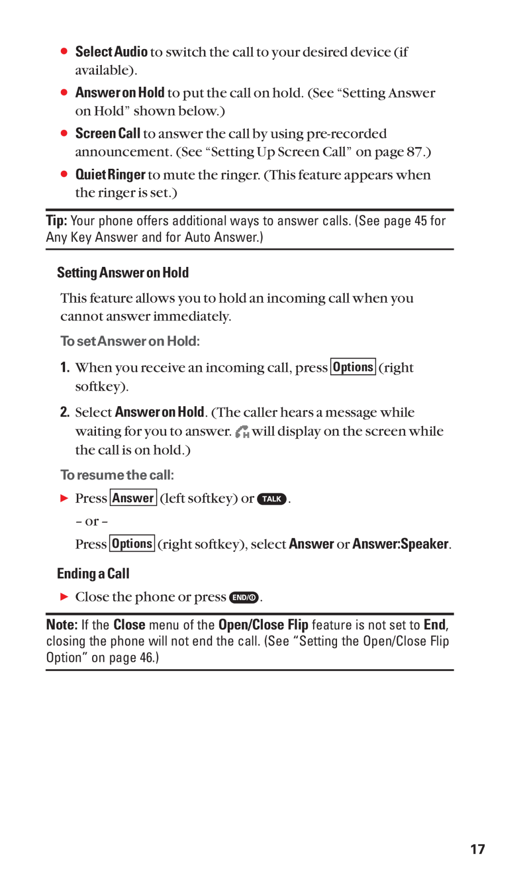 Sanyo SCP-7050 manual Setting Answer on Hold, Ending a Call, To setAnswer on Hold, To resume the call 