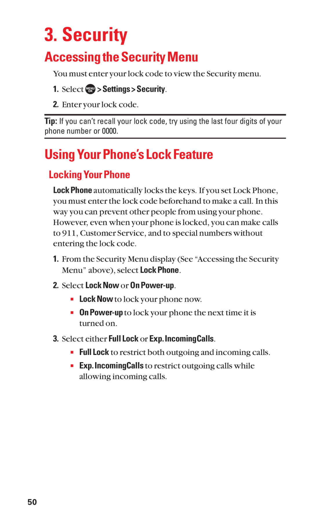 Sanyo SCP-7050 manual Accessing the Security Menu, Using Your Phone’s Lock Feature, Locking Your Phone 