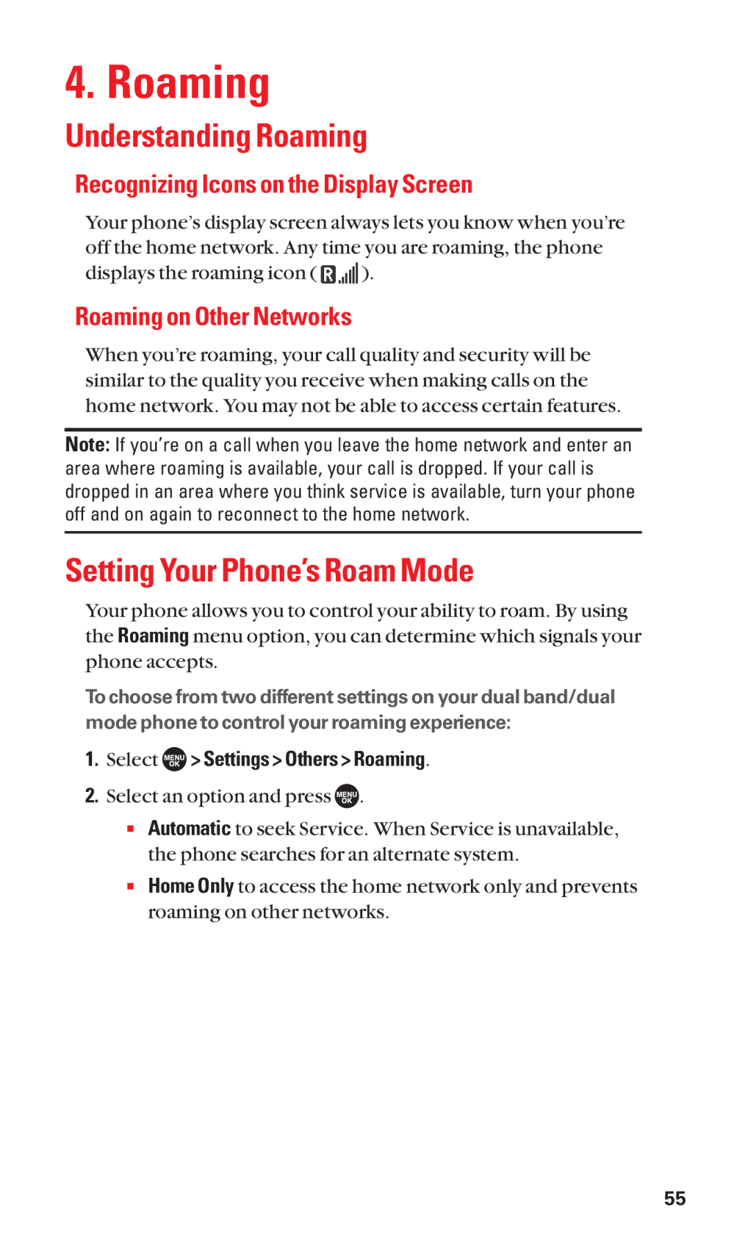 Sanyo SCP-7050 manual Understanding Roaming, Setting Your Phone’s Roam Mode, Recognizing Icons on the Display Screen 