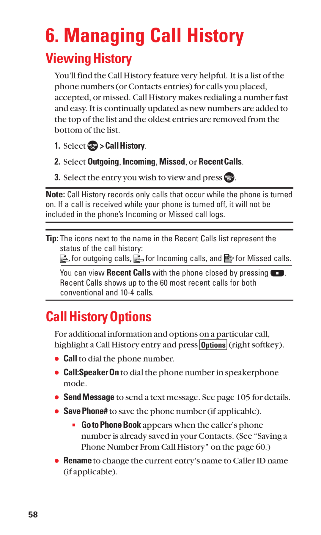 Sanyo SCP-7050 manual Managing Call History, Viewing History, Call History Options, Select Call History 