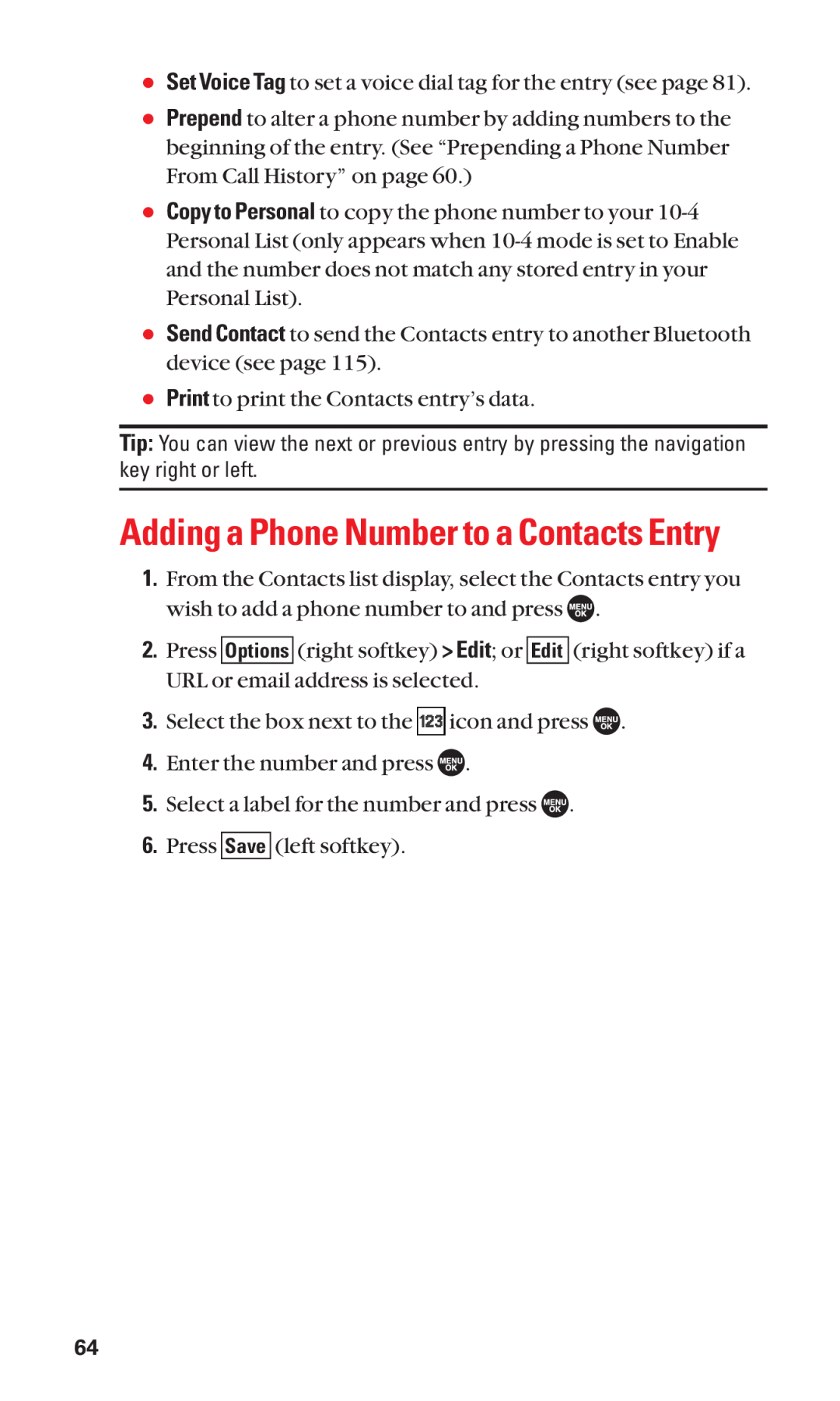 Sanyo SCP-7050 manual Adding a Phone Number to a Contacts Entry 