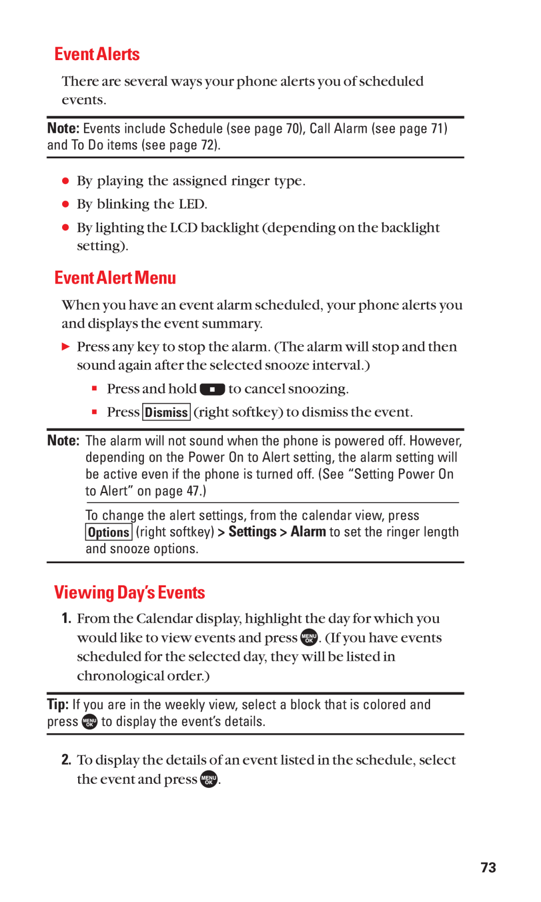 Sanyo SCP-7050 manual Event Alerts, Event Alert Menu, Viewing Day’s Events 