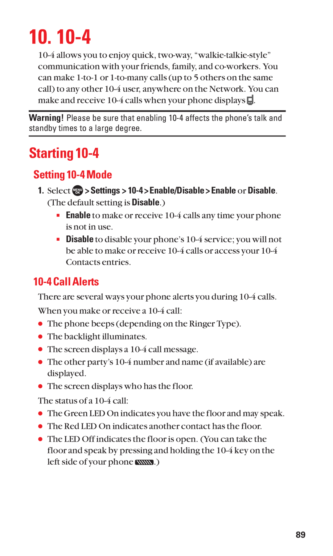 Sanyo SCP-7050 manual Starting, Setting 10-4 Mode, Call Alerts 