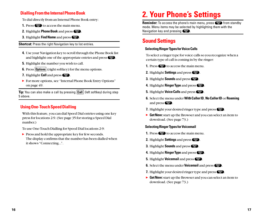 Sanyo SCP-8100 manual Your Phone’s Settings, Sound Settings, Dialling From the Internal Phone Book 