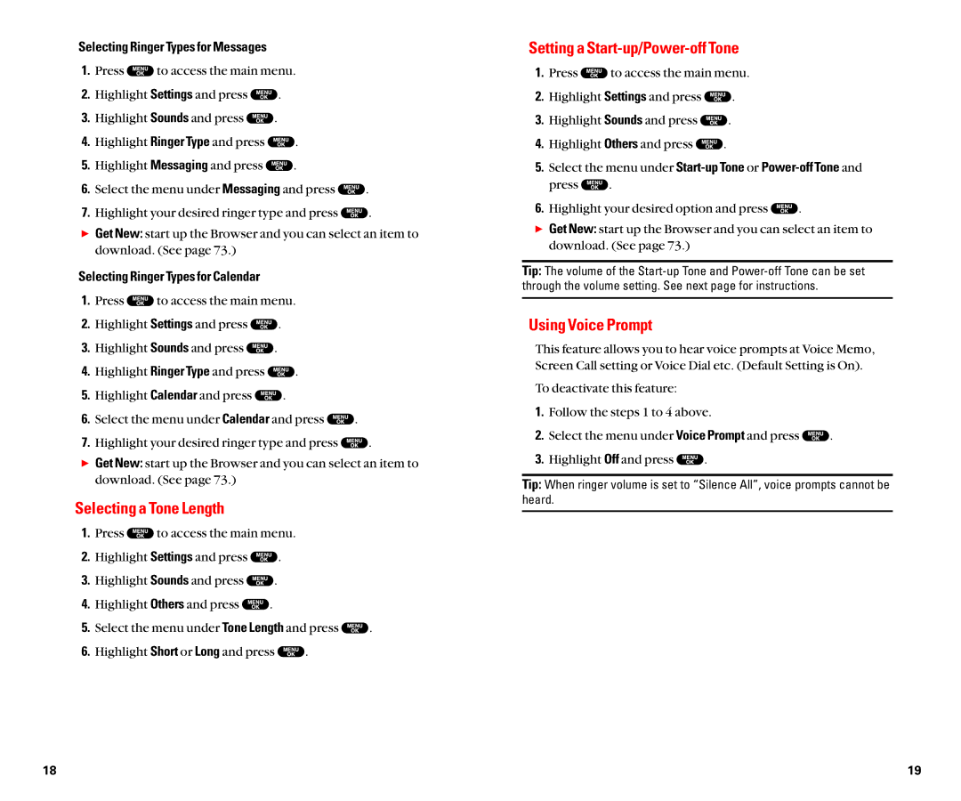 Sanyo SCP-8100 manual Selecting a Tone Length, Setting a Start-up/Power-off Tone, Using Voice Prompt 