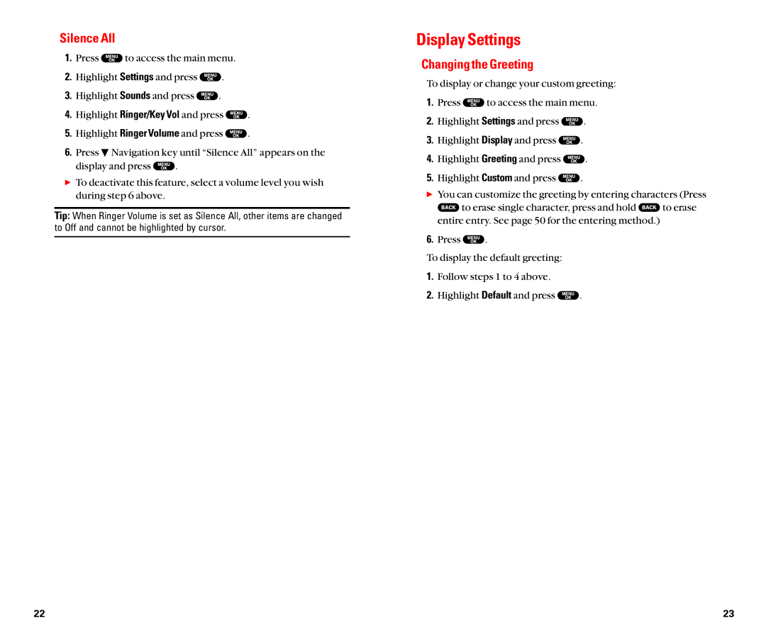 Sanyo SCP-8100 manual Display Settings, Silence All, Changing the Greeting 