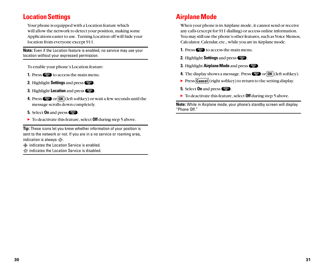 Sanyo SCP-8100 manual Location Settings, Airplane Mode 