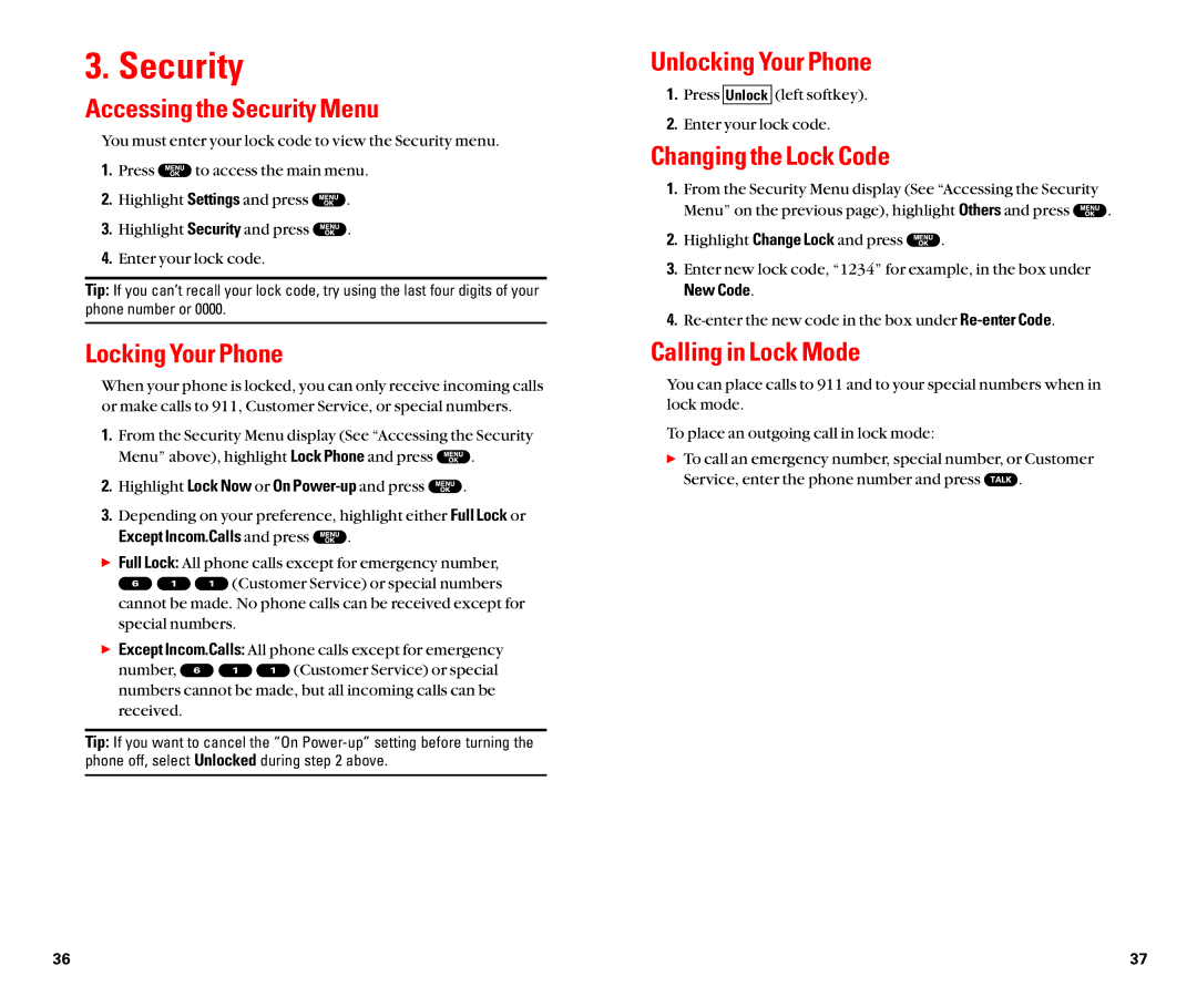 Sanyo SCP-8100 manual Security 