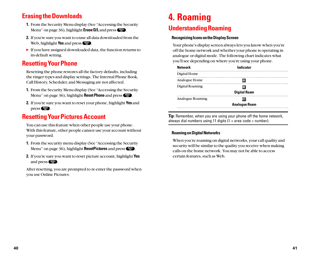 Sanyo SCP-8100 manual Roaming, Erasing the Downloads, Resetting Your Phone, Resetting Your Pictures Account 