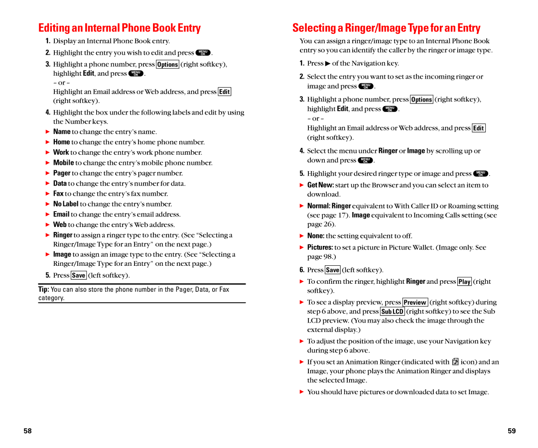 Sanyo SCP-8100 manual Editing an Internal Phone Book Entry, Selecting a Ringer/Image Type for an Entry 