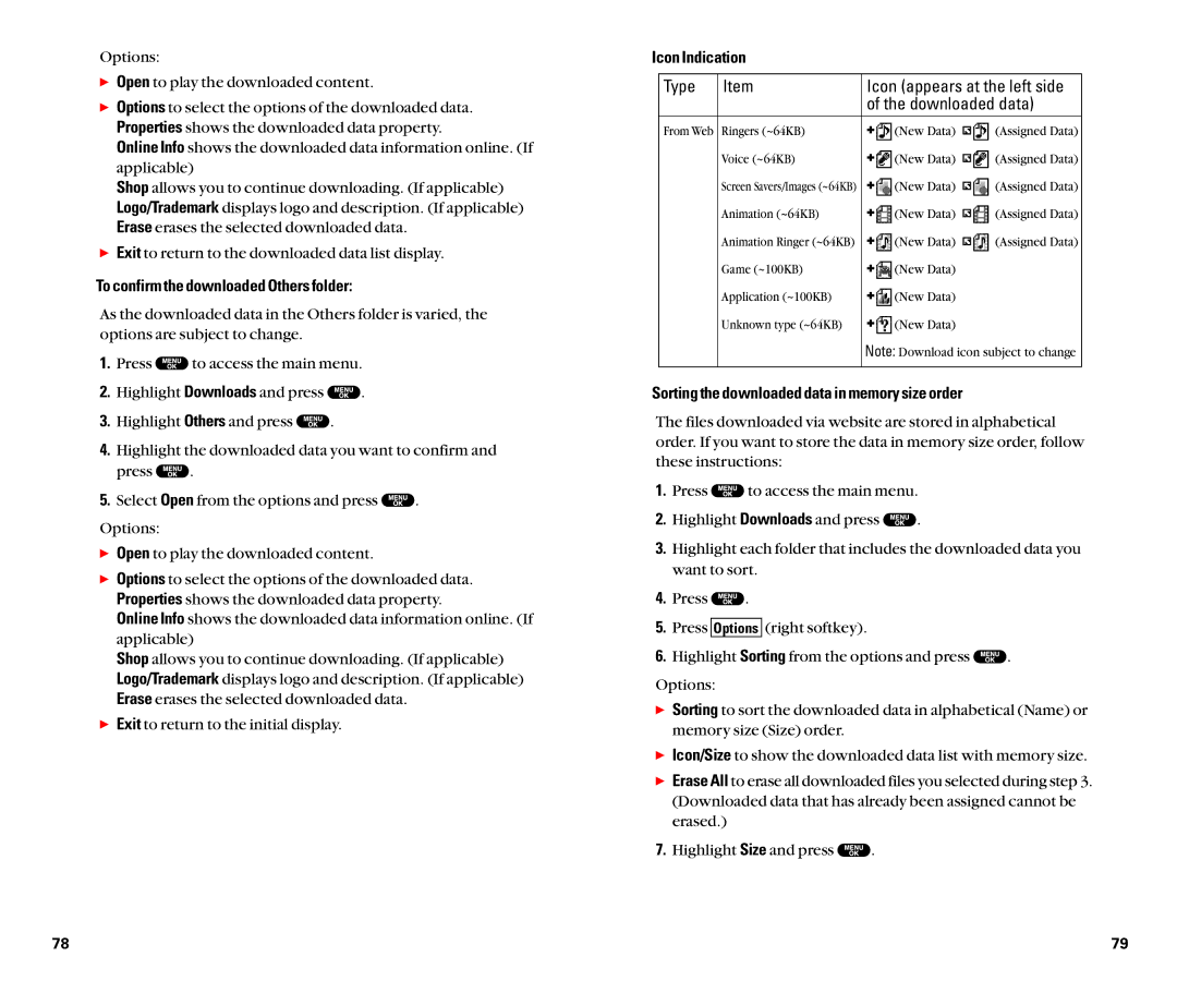 Sanyo SCP-8100 To confirm the downloaded Others folder, Icon Indication, Sorting the downloaded data in memory size order 